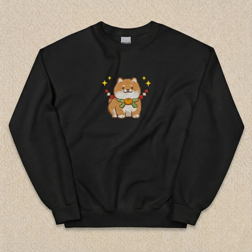 Cute Dog Embroidered Sweatshirt – Lucky Puppy Charm Illustration, Crewneck Style