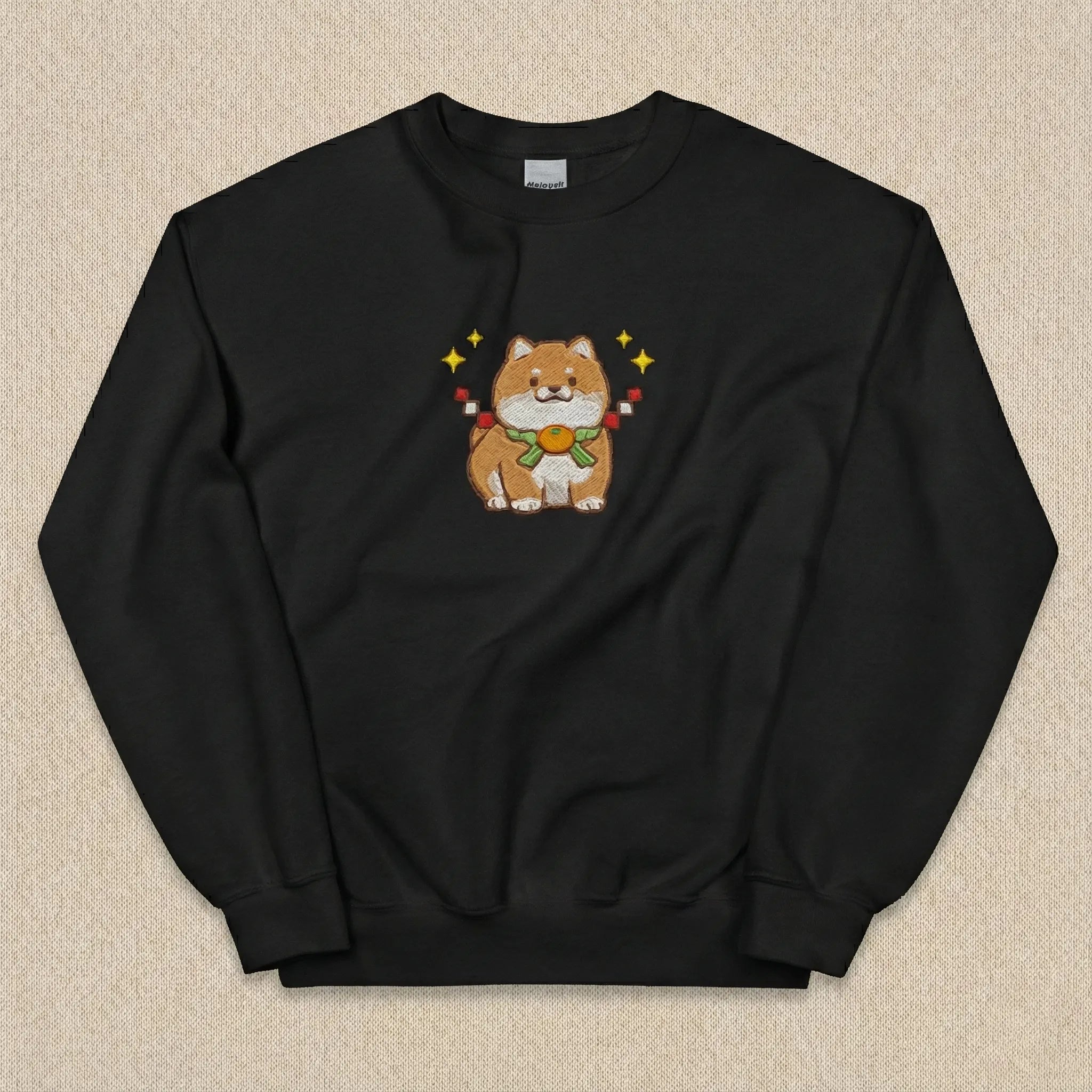 Cute Dog Embroidered Sweatshirt – Lucky Puppy Charm Illustration, Crewneck Style