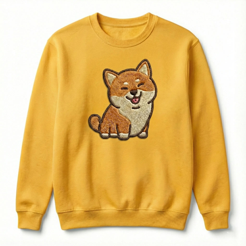 Cute Dog Embroidered Sweatshirt – Smiling Puppy Illustration, Crewneck Style
