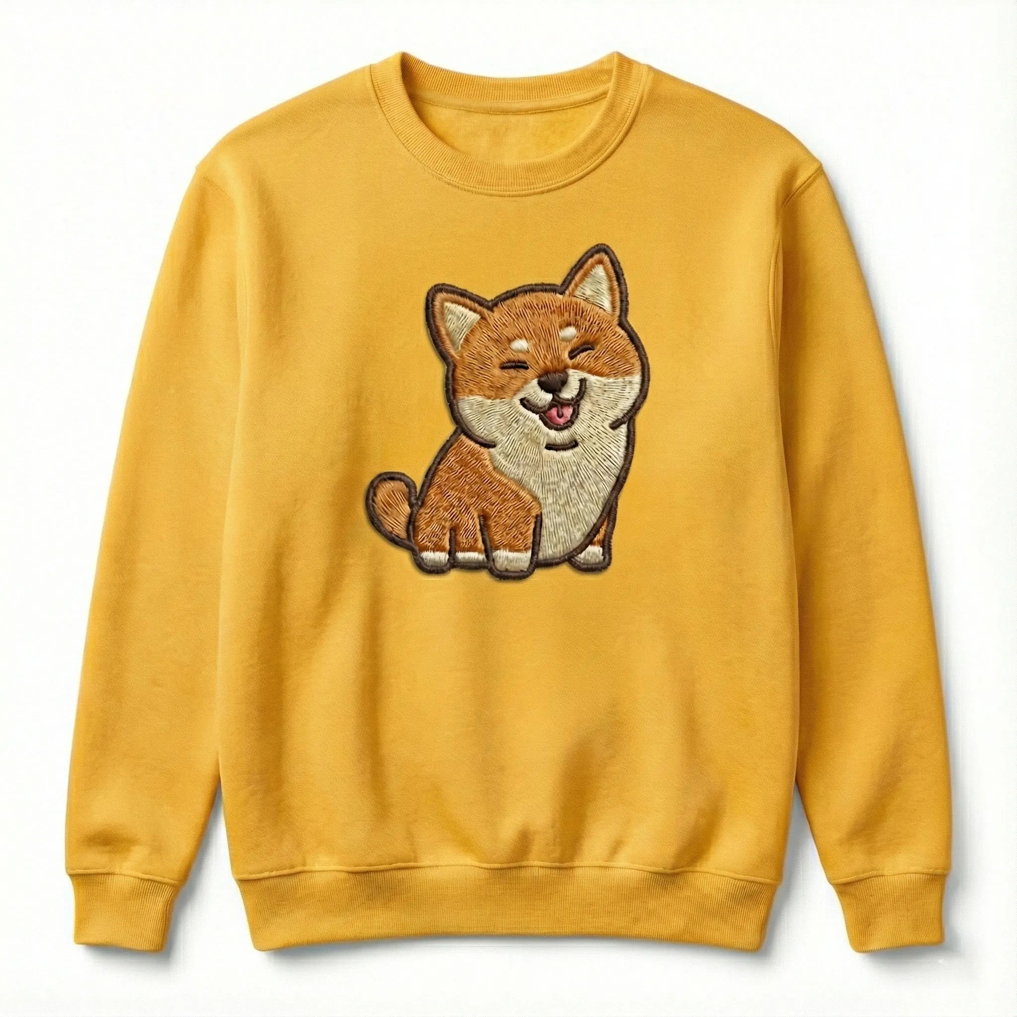 Cute Dog Embroidered Sweatshirt – Smiling Puppy Illustration, Crewneck Style
