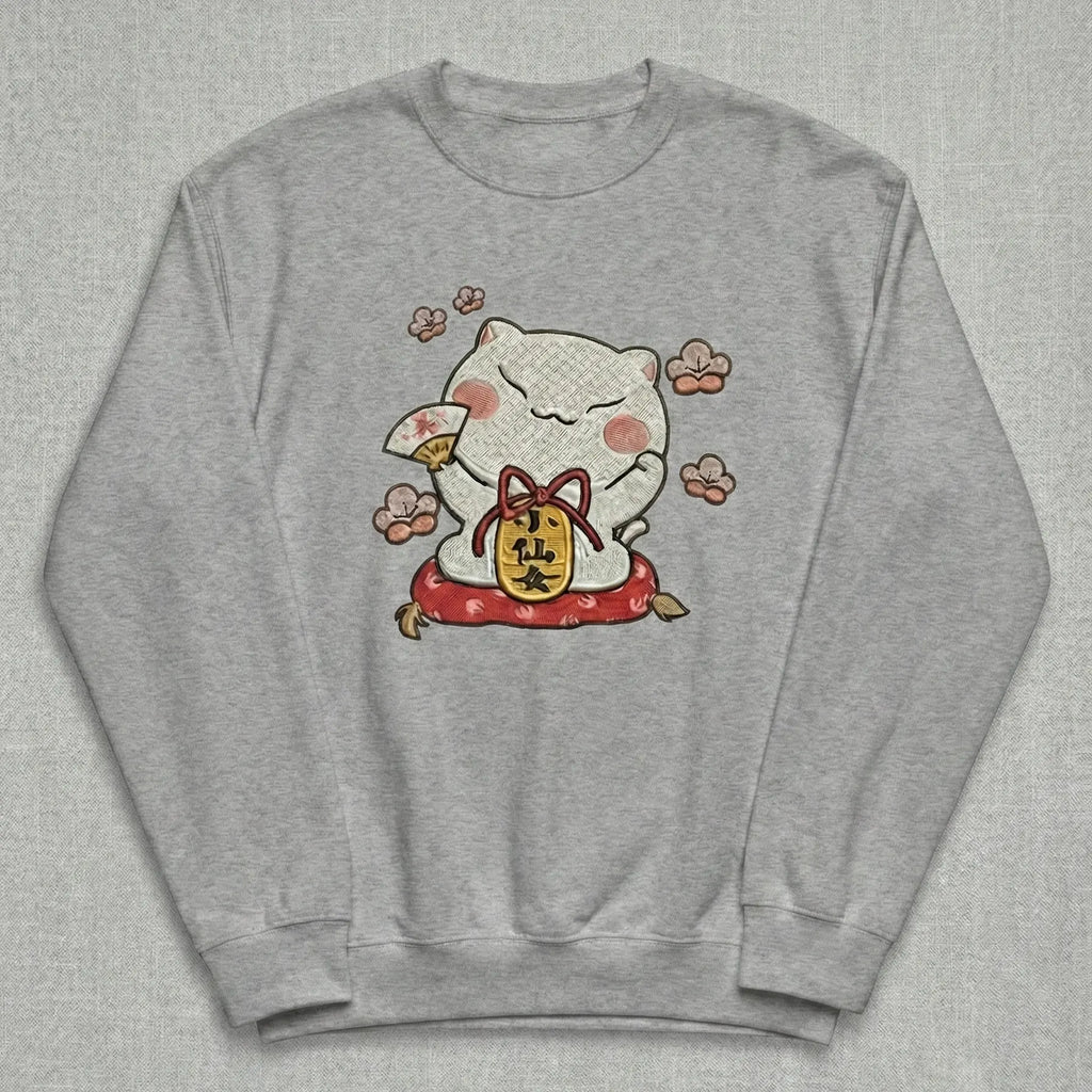 Lucky Cat Embroidered Sweatshirt – Cute Fortune Charm Illustration, Clean White Crewneck