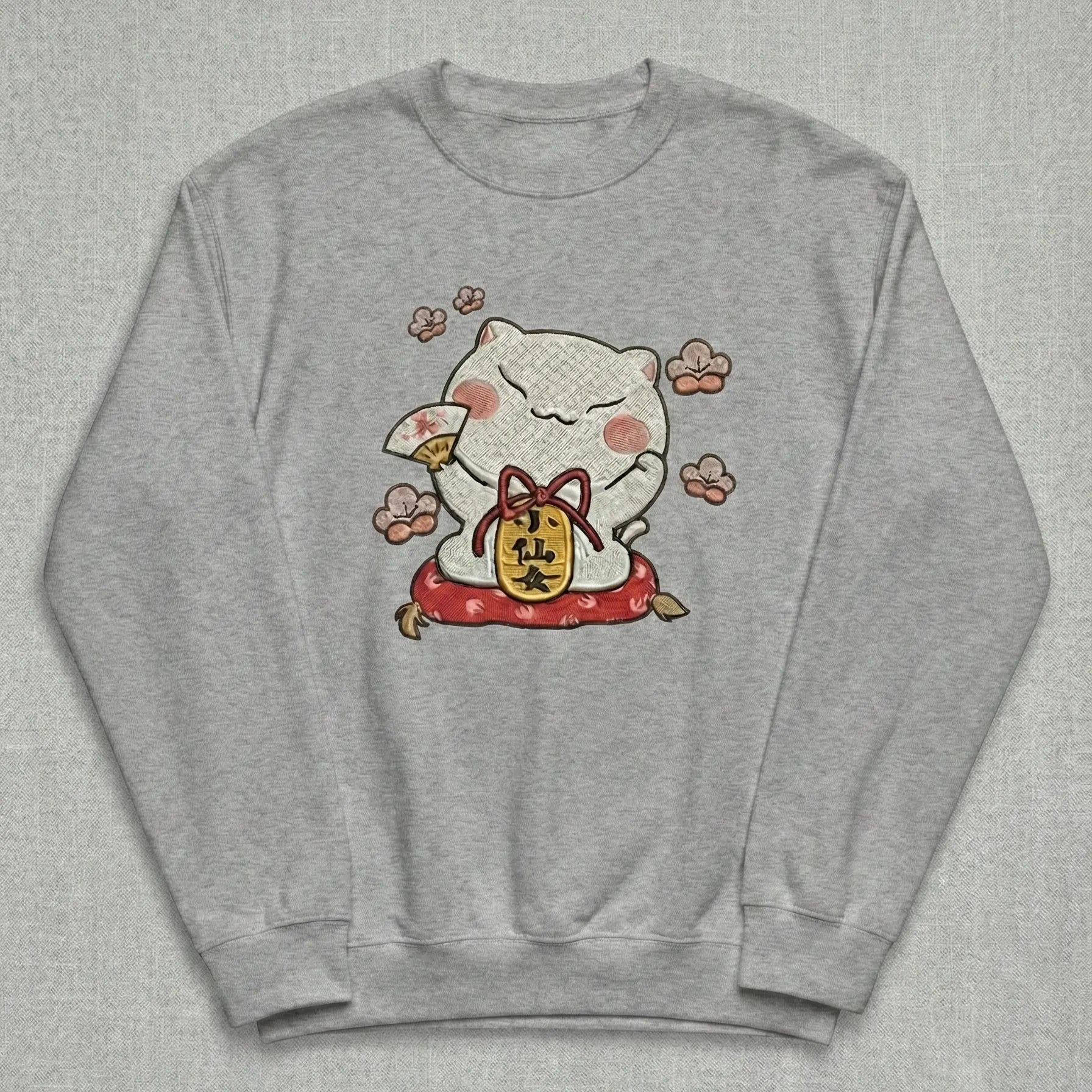 Lucky Cat Embroidered Sweatshirt – Cute Fortune Charm Illustration, Clean White Crewneck