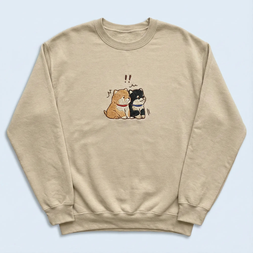 Cute Dog Embroidered Sweatshirt – Two Puppies Surprise Moment Illustration, Crewneck Style