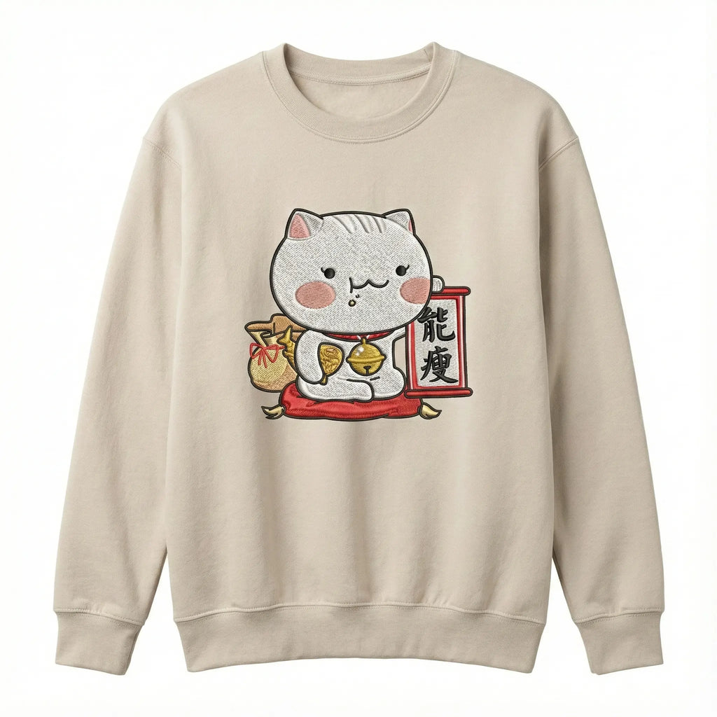 Lucky Cat Embroidered Sweatshirt – Cute Fortune Illustration, Soft Beige Crewneck