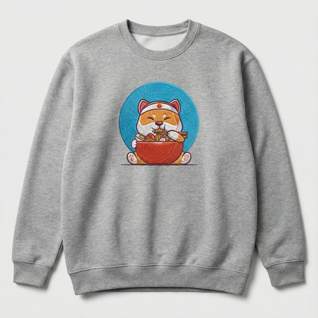 Cute Dog Embroidered Sweatshirt – Happy Noodle Lover Illustration, Crewneck Style
