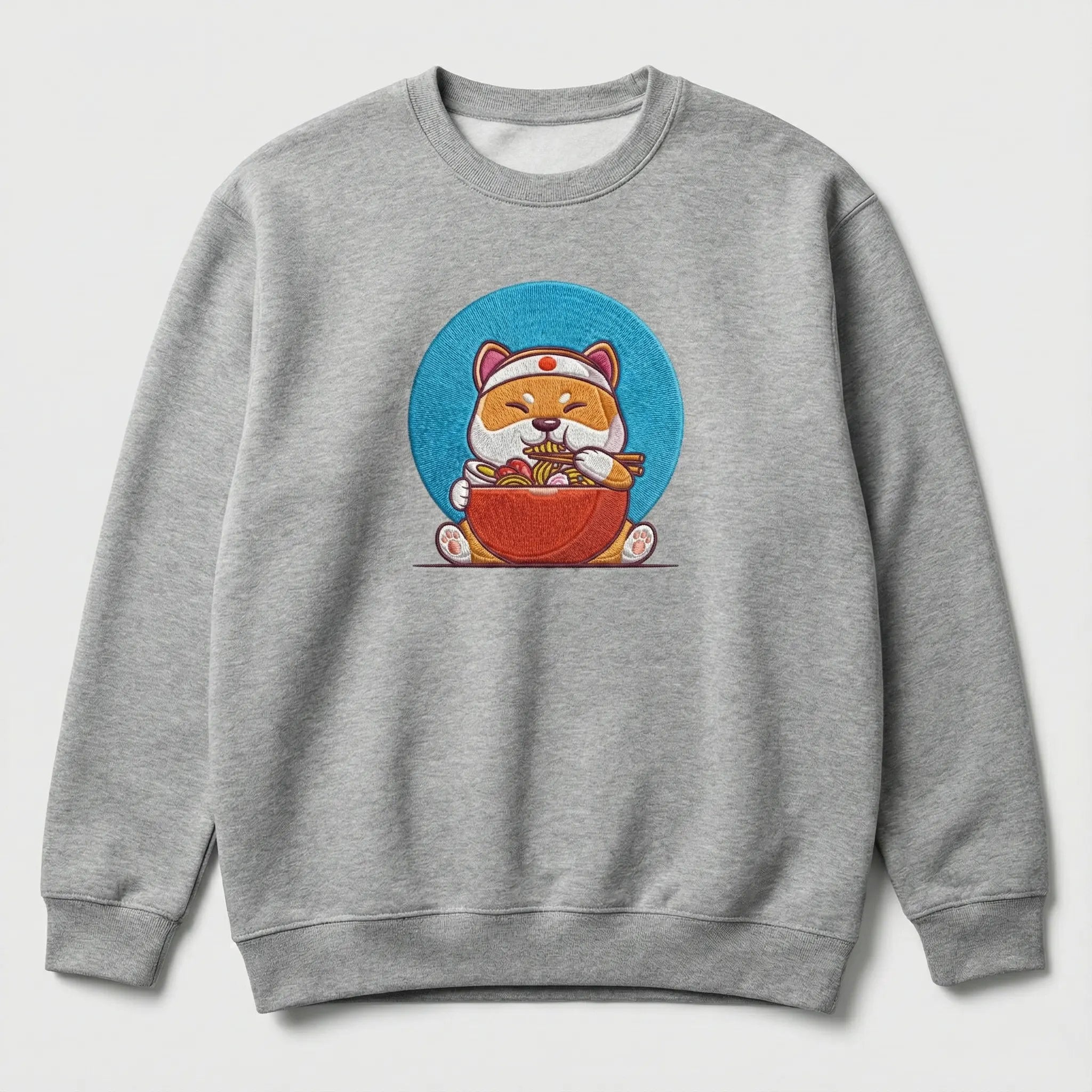 Cute Dog Embroidered Sweatshirt – Happy Noodle Lover Illustration, Crewneck Style