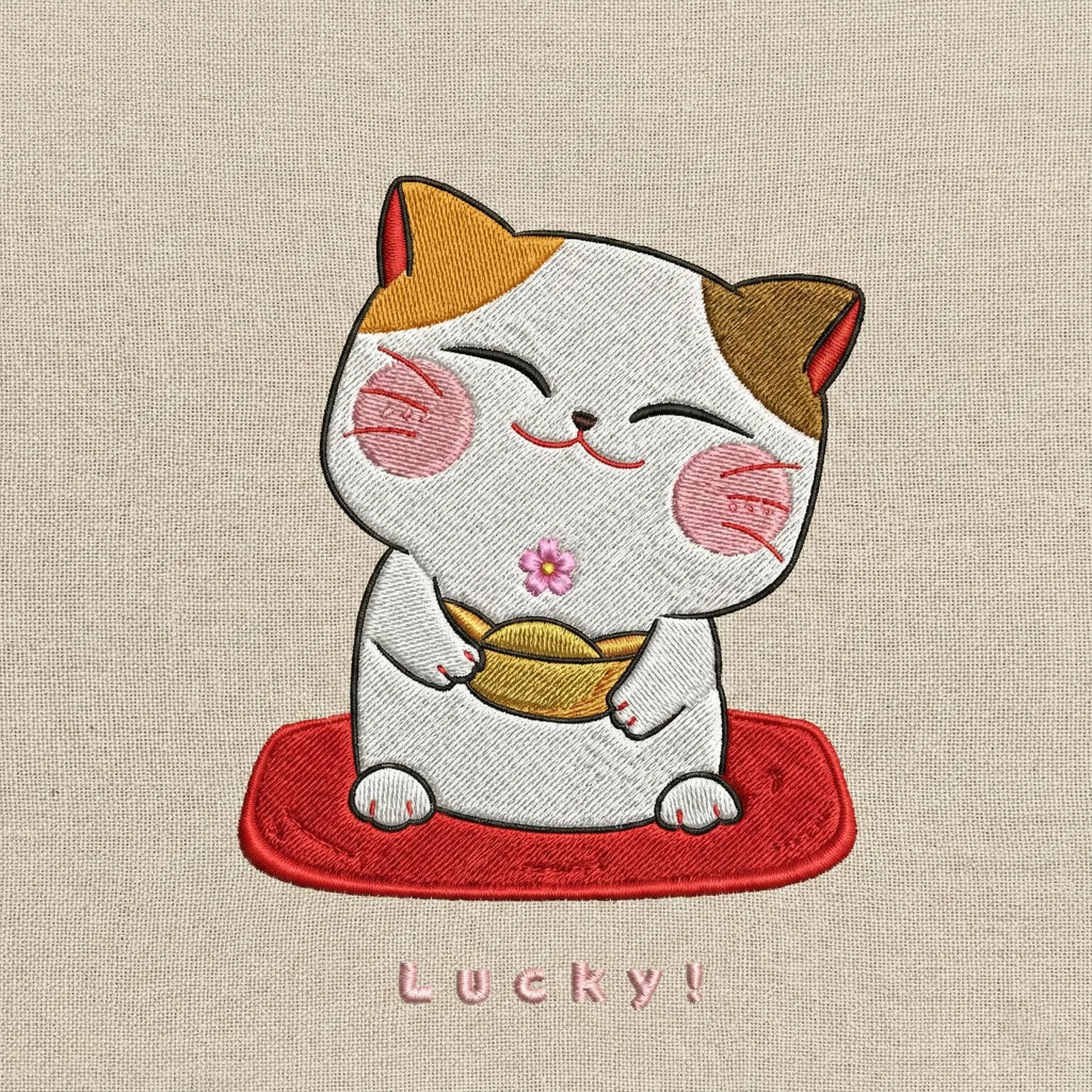 Lucky Cat Embroidered Sweatshirt – Minimal Cute Fortune Design, Cozy Black Crewneck