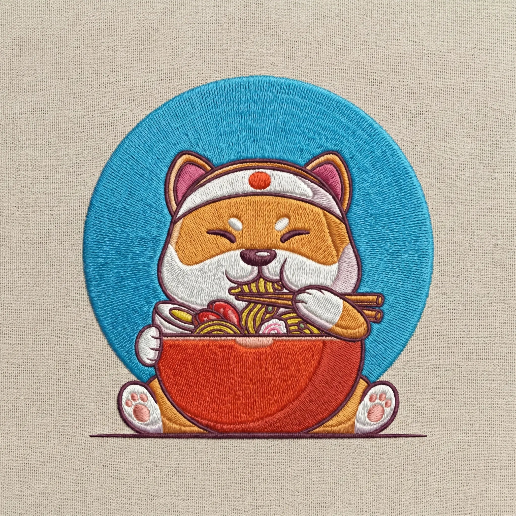 Cute Dog Embroidered Sweatshirt – Happy Noodle Lover Illustration, Crewneck Style