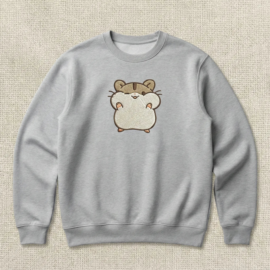 Cute Hamster Embroidered Sweatshirt – Minimal Animal Design, Cozy Black Crewneck