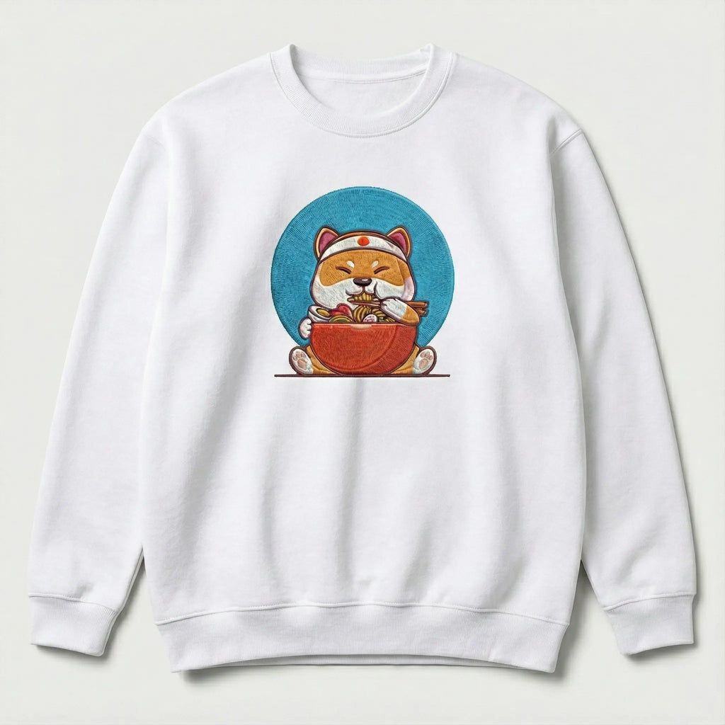 Cute Dog Embroidered Sweatshirt – Happy Noodle Lover Illustration, Crewneck Style