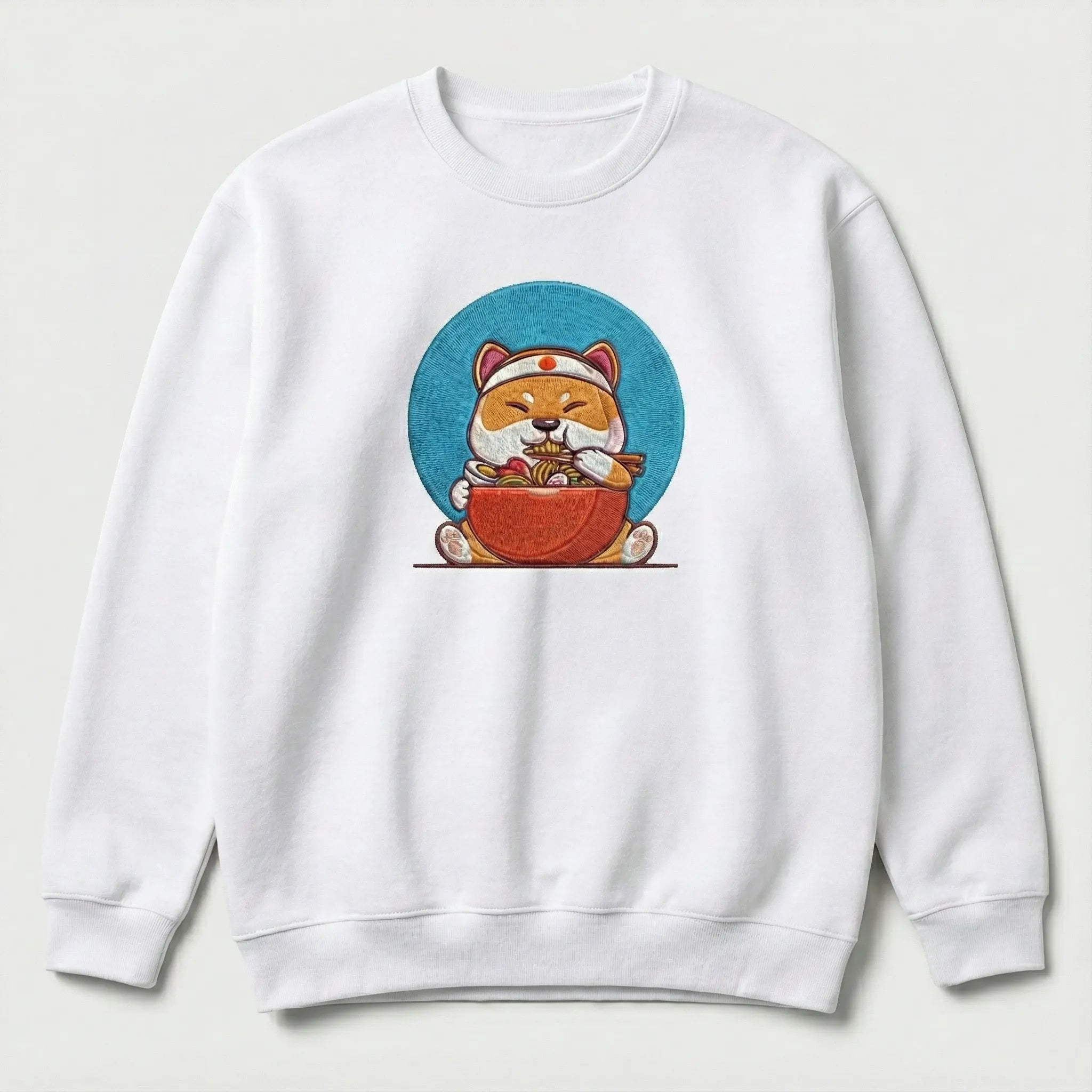 Cute Dog Embroidered Sweatshirt – Happy Noodle Lover Illustration, Crewneck Style