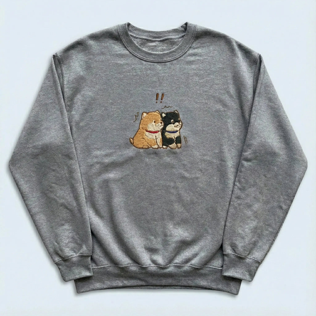 Cute Dog Embroidered Sweatshirt – Two Puppies Surprise Moment Illustration, Crewneck Style