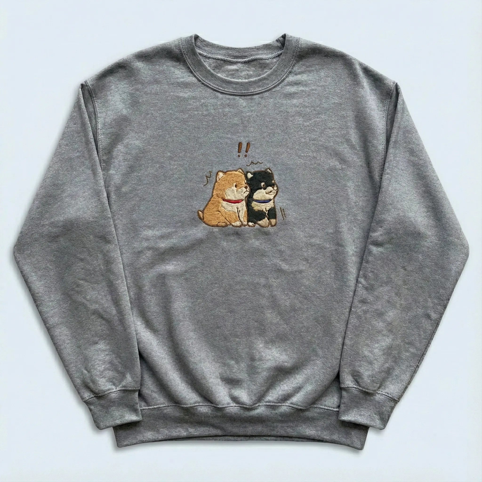 Cute Dog Embroidered Sweatshirt – Two Puppies Surprise Moment Illustration, Crewneck Style