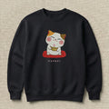 Lucky Cat Embroidered Sweatshirt – Minimal Cute Fortune Design, Cozy Black Crewneck