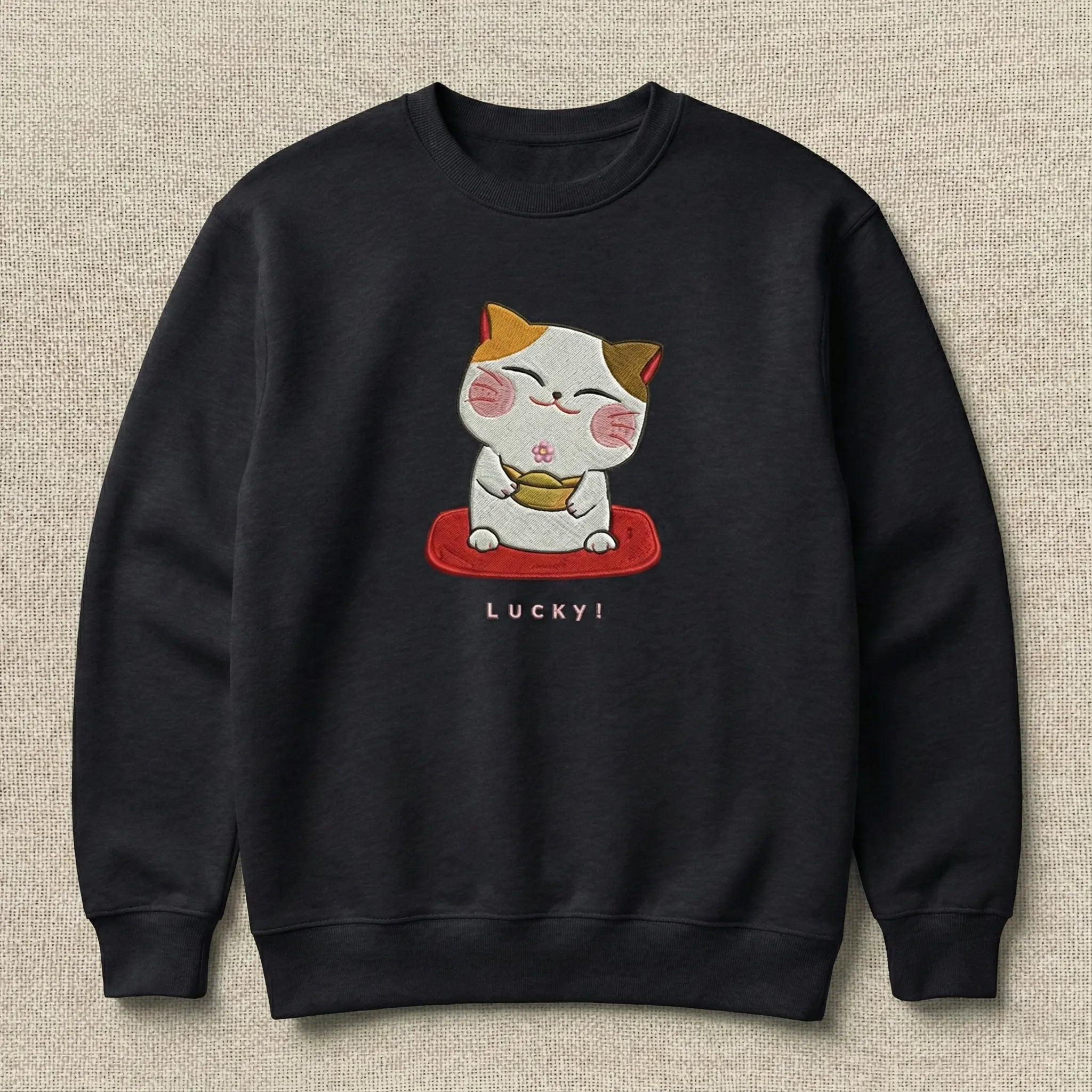 Lucky Cat Embroidered Sweatshirt – Minimal Cute Fortune Design, Cozy Black Crewneck