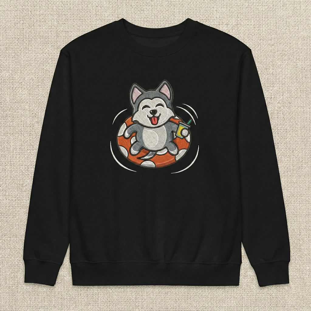 Cute Dog Embroidered Sweatshirt – Playful Puppy Float Scene Illustration, Crewneck Style