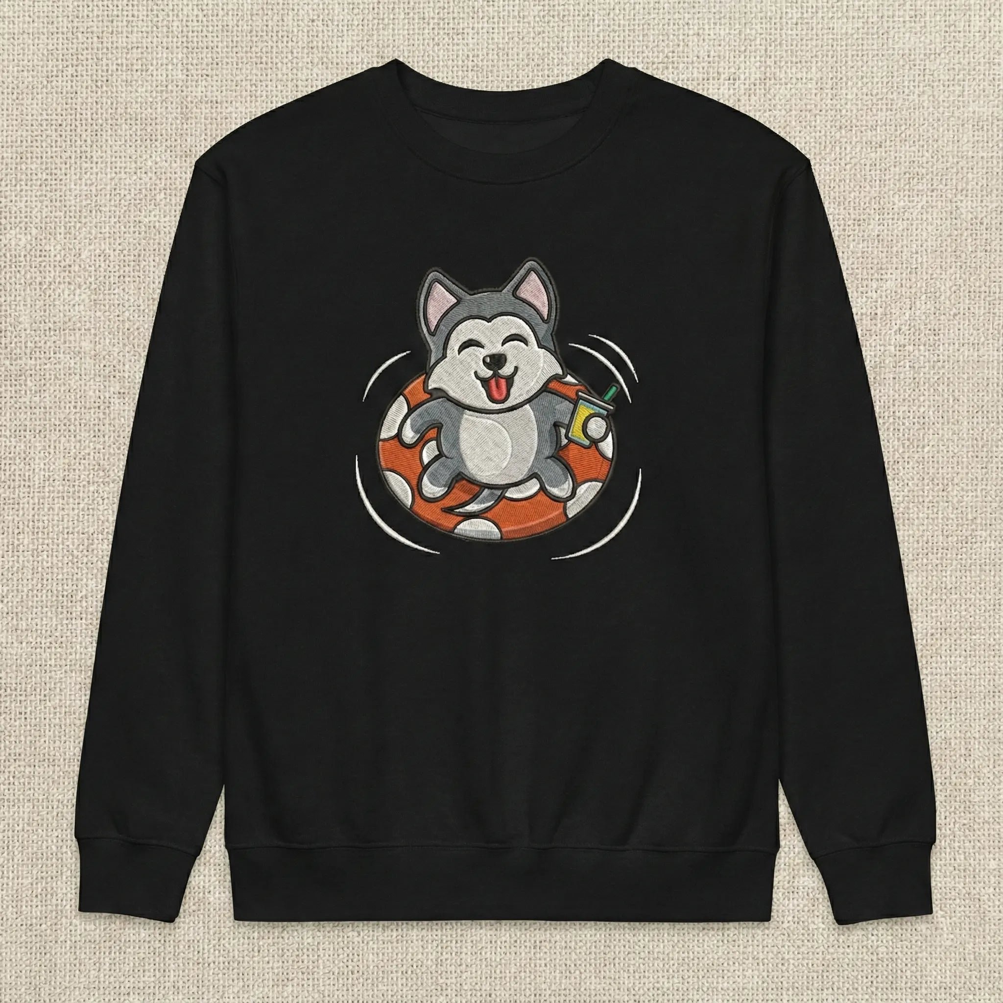 Cute Dog Embroidered Sweatshirt – Playful Puppy Float Scene Illustration, Crewneck Style