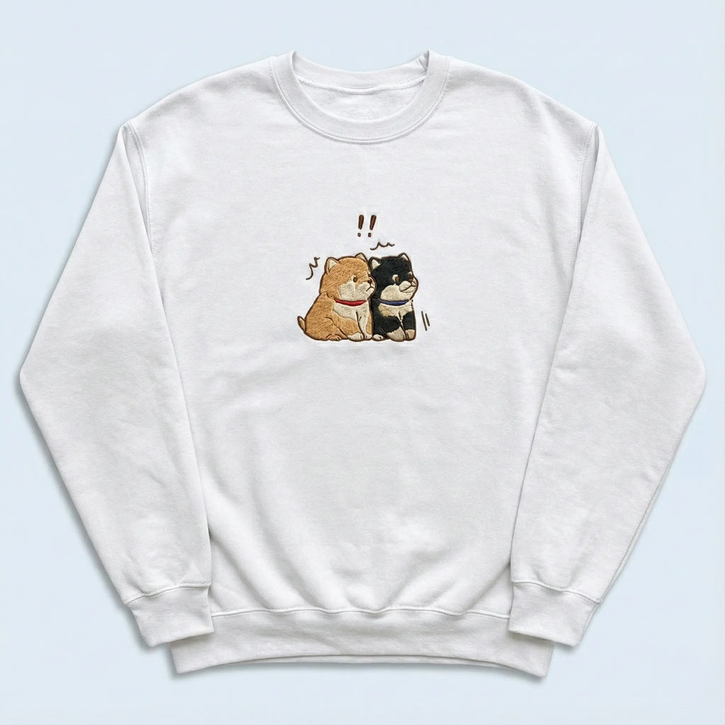 Cute Dog Embroidered Sweatshirt – Two Puppies Surprise Moment Illustration, Crewneck Style