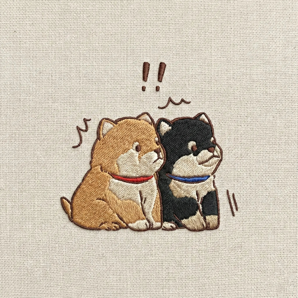 Cute Dog Embroidered Sweatshirt – Two Puppies Surprise Moment Illustration, Crewneck Style