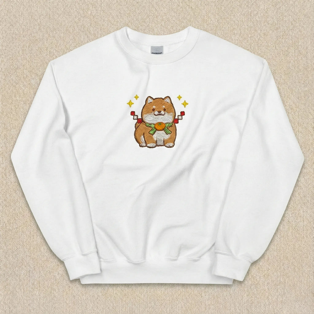 Cute Dog Embroidered Sweatshirt – Lucky Puppy Charm Illustration, Crewneck Style