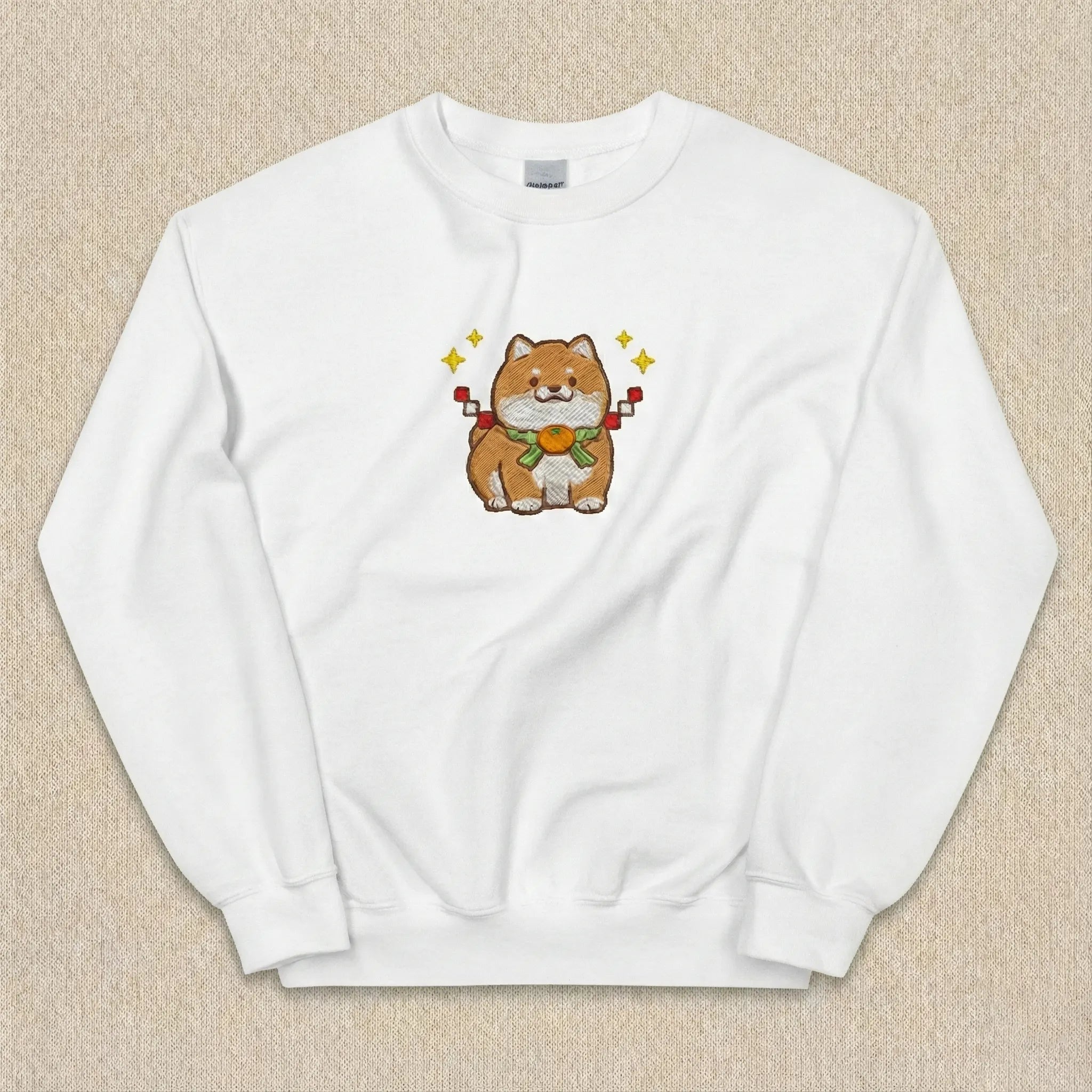 Cute Dog Embroidered Sweatshirt – Lucky Puppy Charm Illustration, Crewneck Style