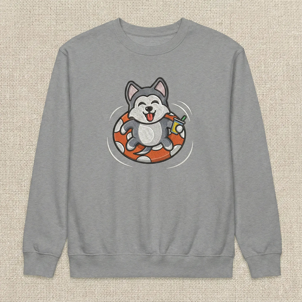 Cute Dog Embroidered Sweatshirt – Playful Puppy Float Scene Illustration, Crewneck Style