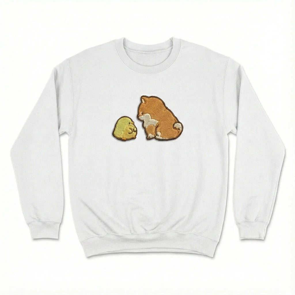 Cute Dog Embroidered Sweatshirt – Puppy and Chick Friendship Illustration, Crewneck Style