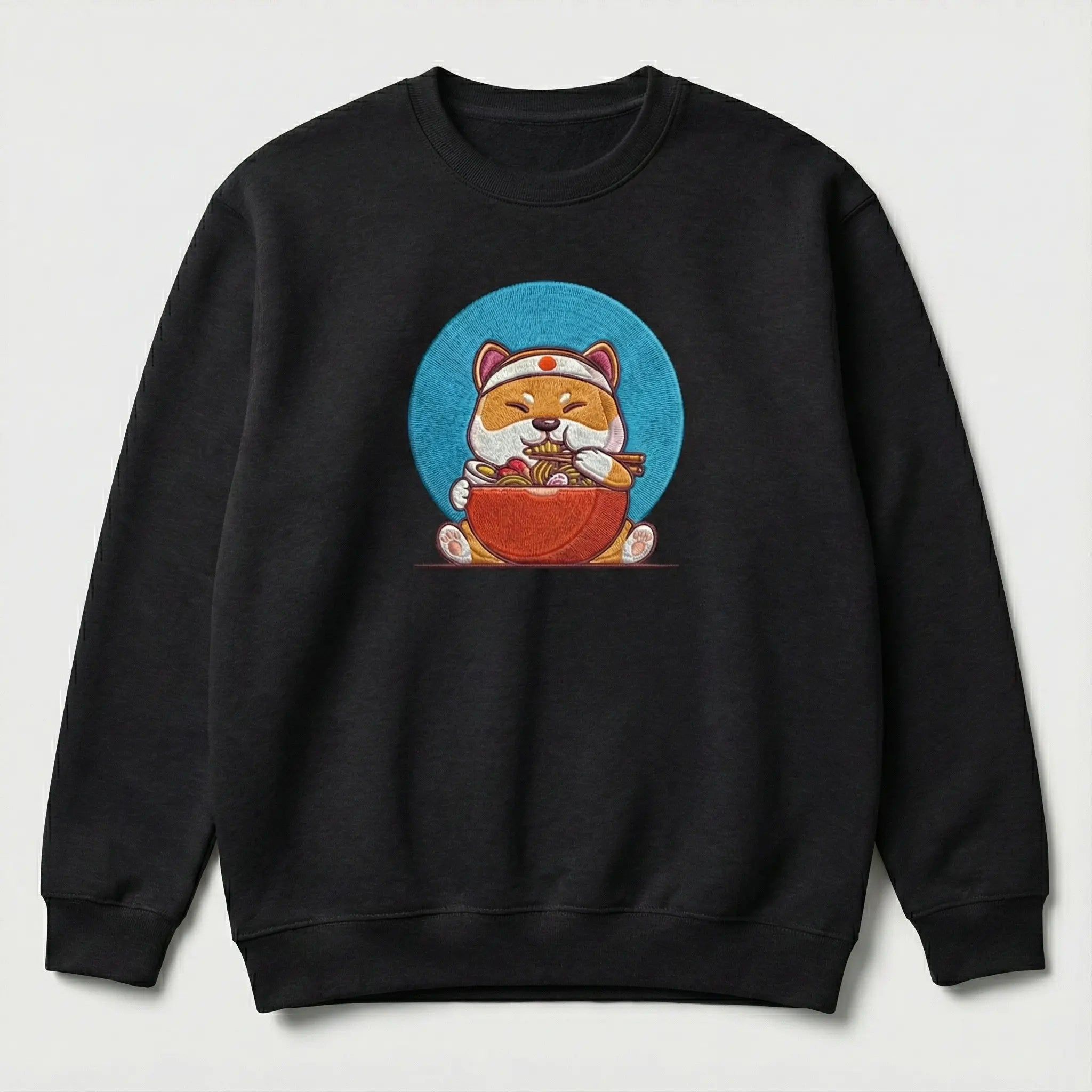 Cute Dog Embroidered Sweatshirt – Happy Noodle Lover Illustration, Crewneck Style