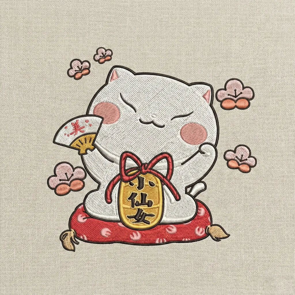 Lucky Cat Embroidered Sweatshirt – Cute Fortune Charm Illustration, Clean White Crewneck