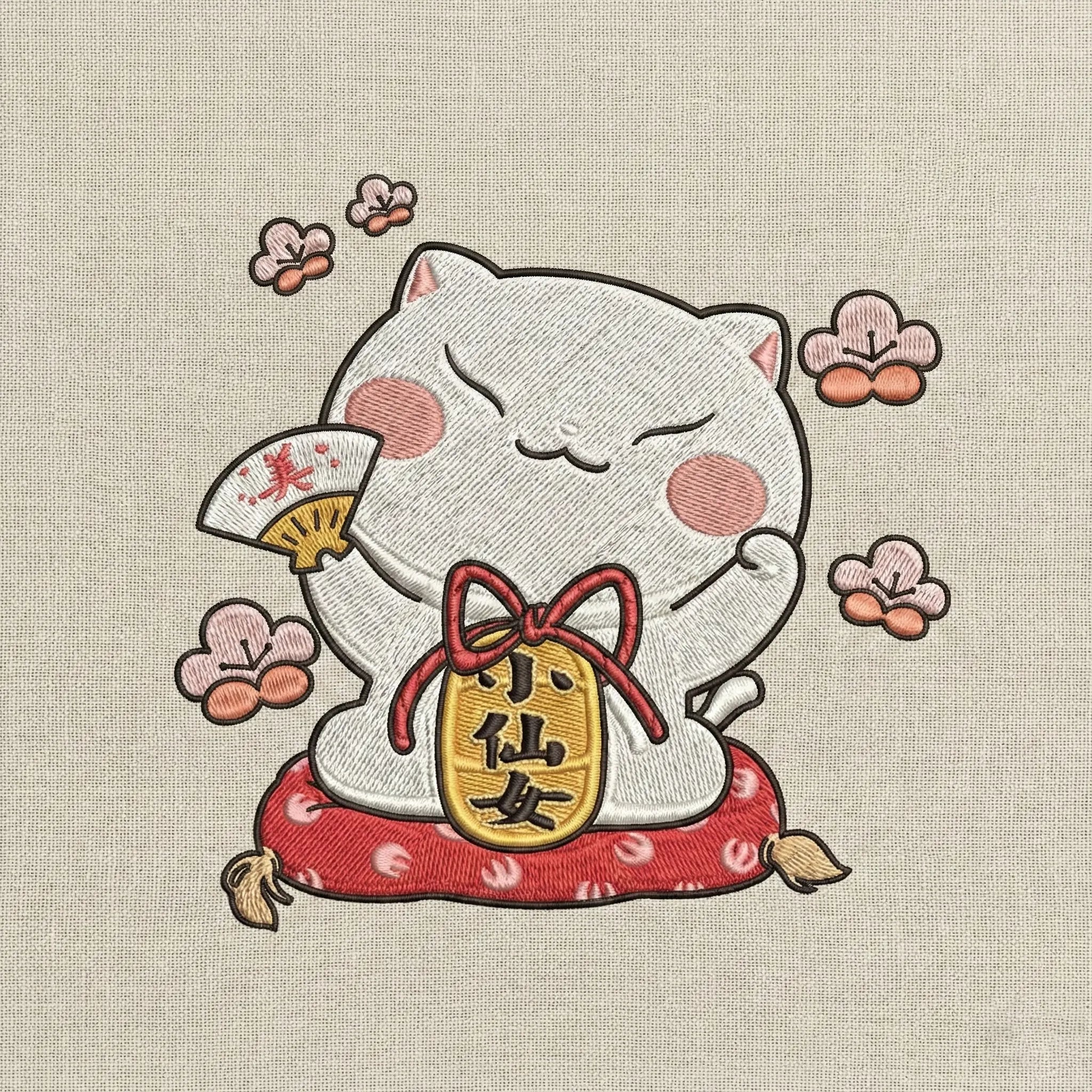 Lucky Cat Embroidered Sweatshirt – Cute Fortune Charm Illustration, Clean White Crewneck