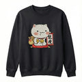 Lucky Cat Embroidered Sweatshirt – Cute Fortune Illustration, Soft Beige Crewneck