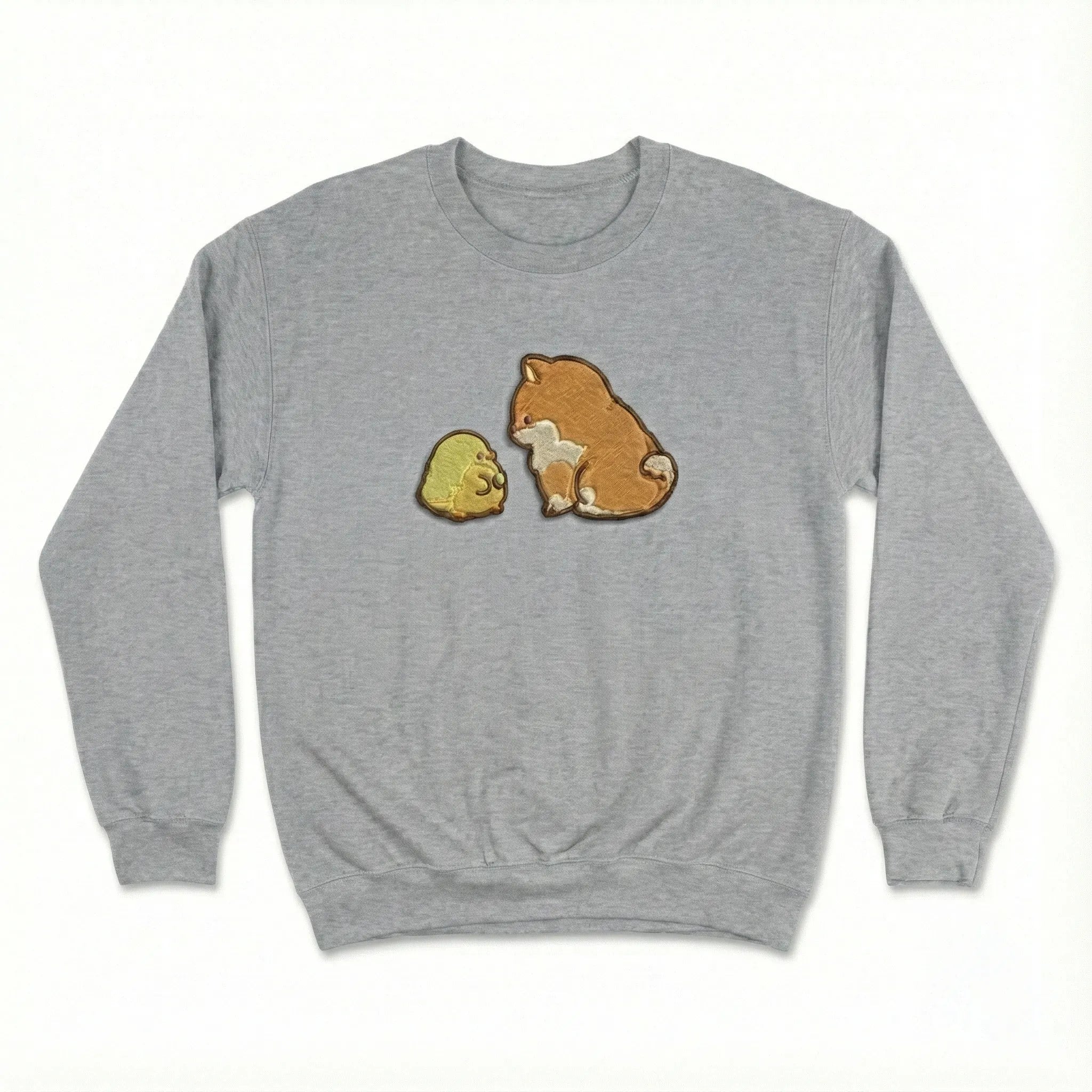 Cute Dog Embroidered Sweatshirt – Puppy and Chick Friendship Illustration, Crewneck Style