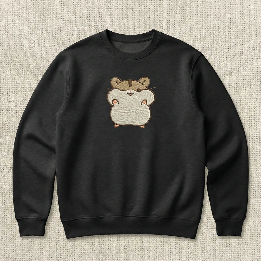 Cute Hamster Embroidered Sweatshirt – Minimal Animal Design, Cozy Black Crewneck