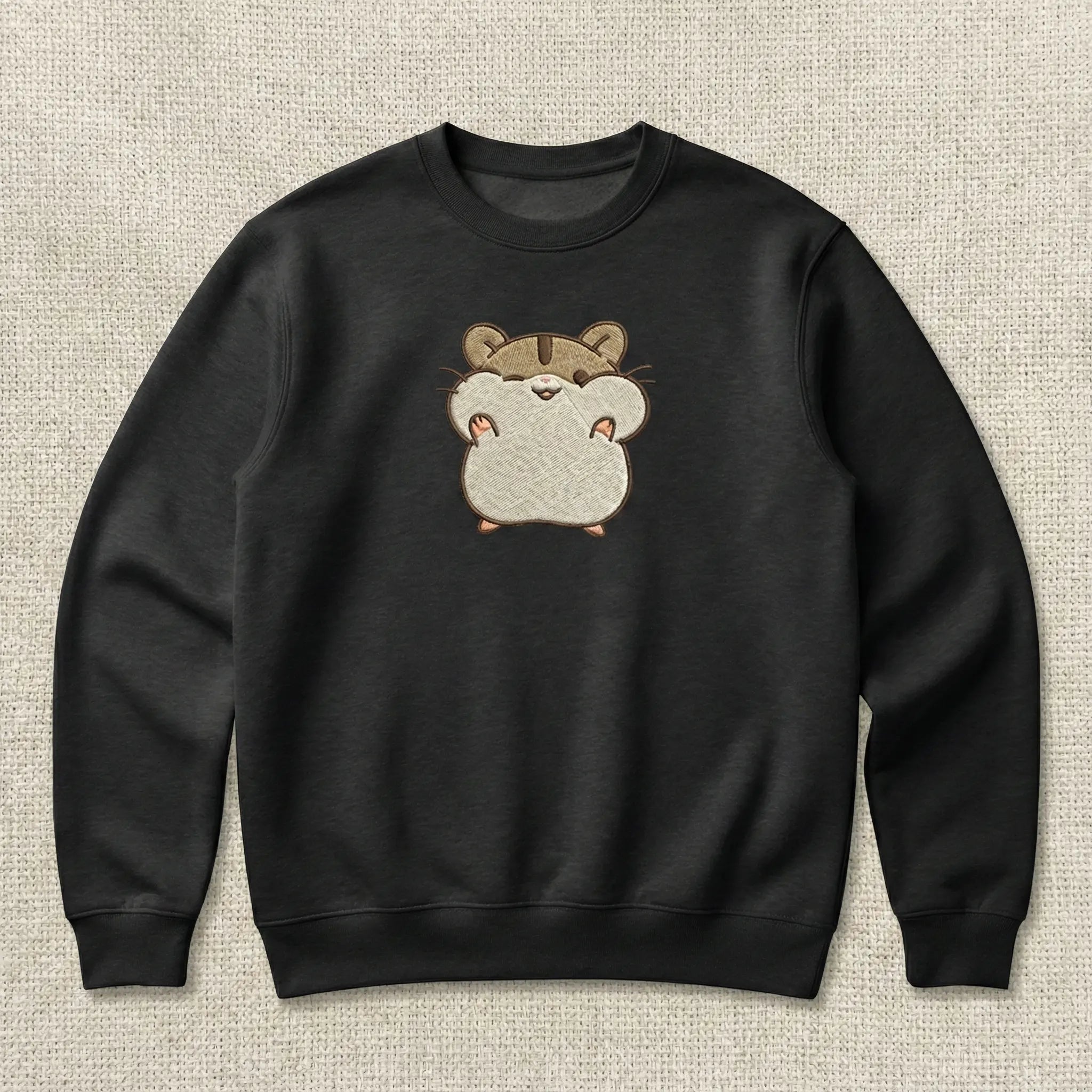 Cute Hamster Embroidered Sweatshirt – Minimal Animal Design, Cozy Black Crewneck