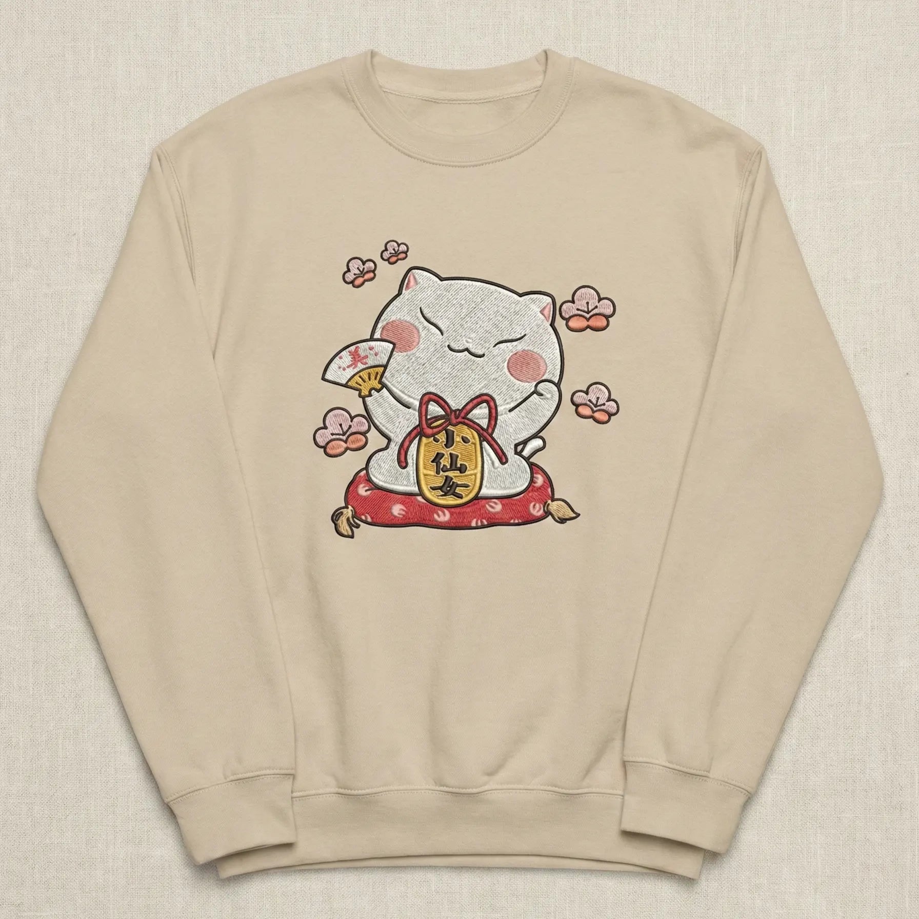 Lucky Cat Embroidered Sweatshirt – Cute Fortune Charm Illustration, Clean White Crewneck