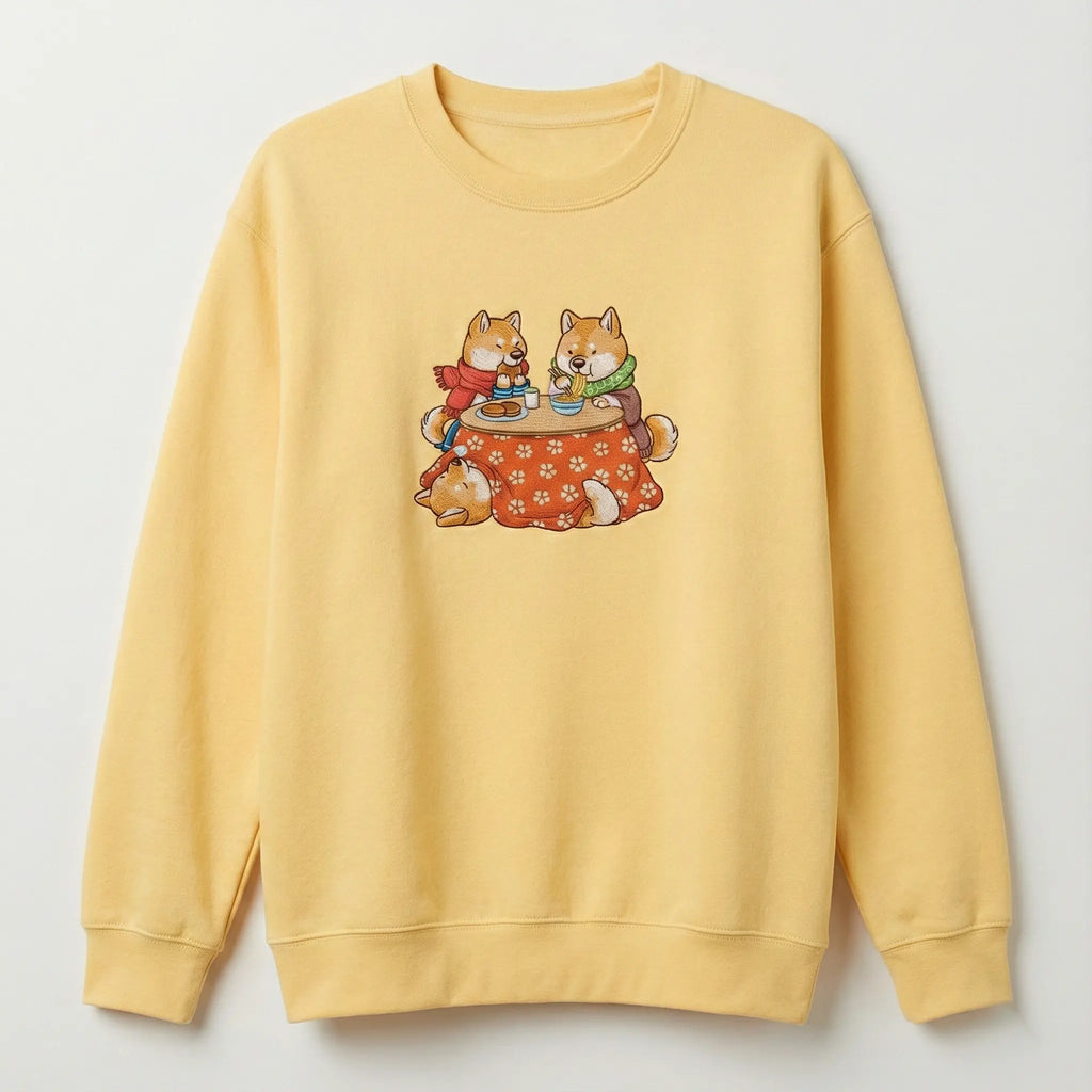 Cute Dog Embroidered Sweatshirt – Cozy Friends Dining Scene, Crewneck Style