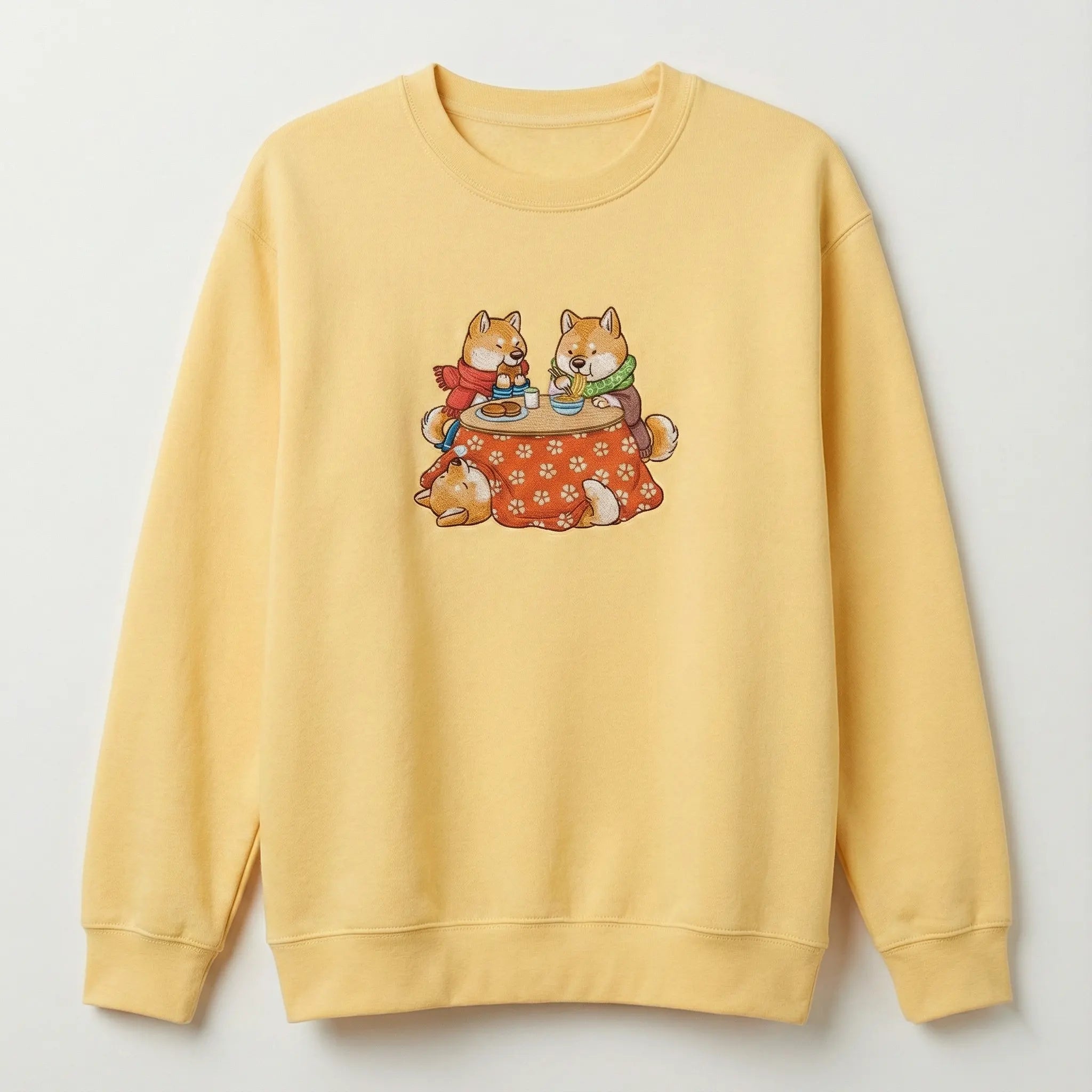 Cute Dog Embroidered Sweatshirt – Cozy Friends Dining Scene, Crewneck Style