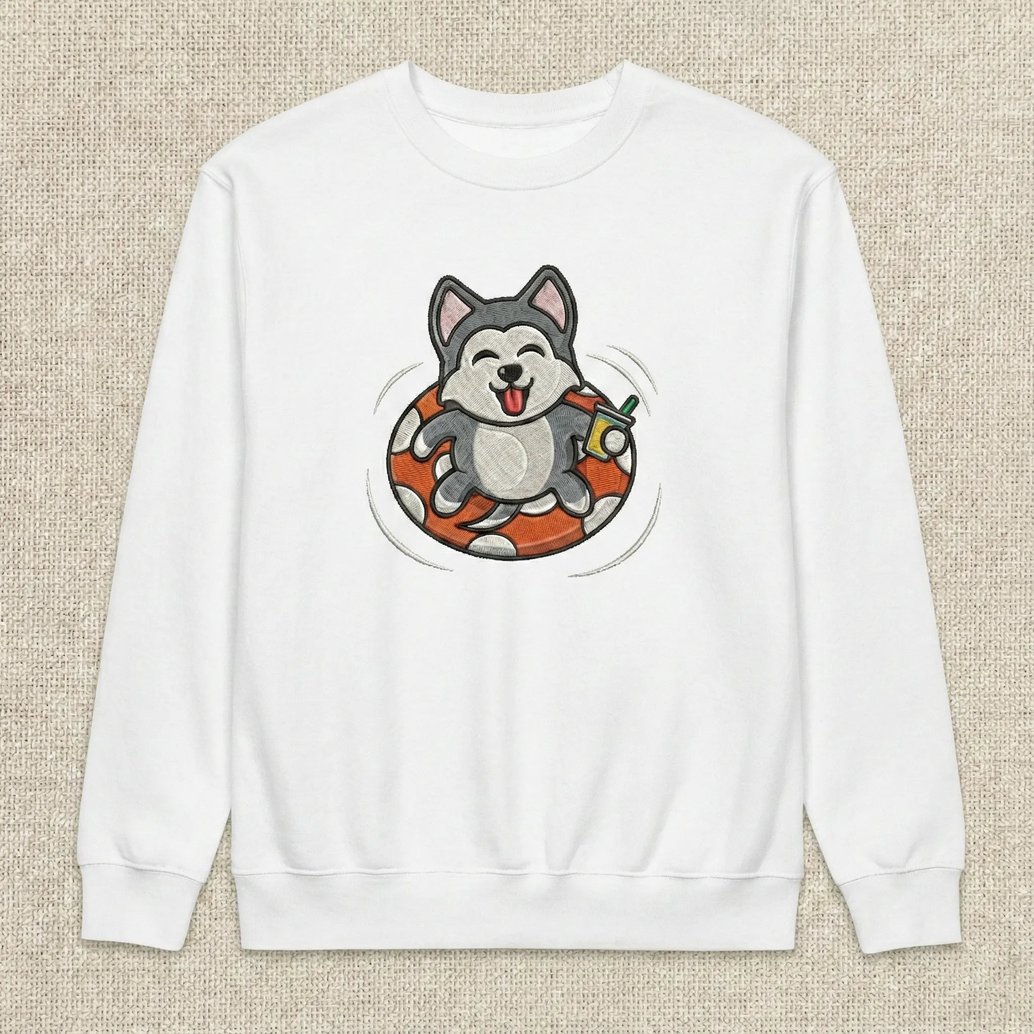 Cute Dog Embroidered Sweatshirt – Playful Puppy Float Scene Illustration, Crewneck Style
