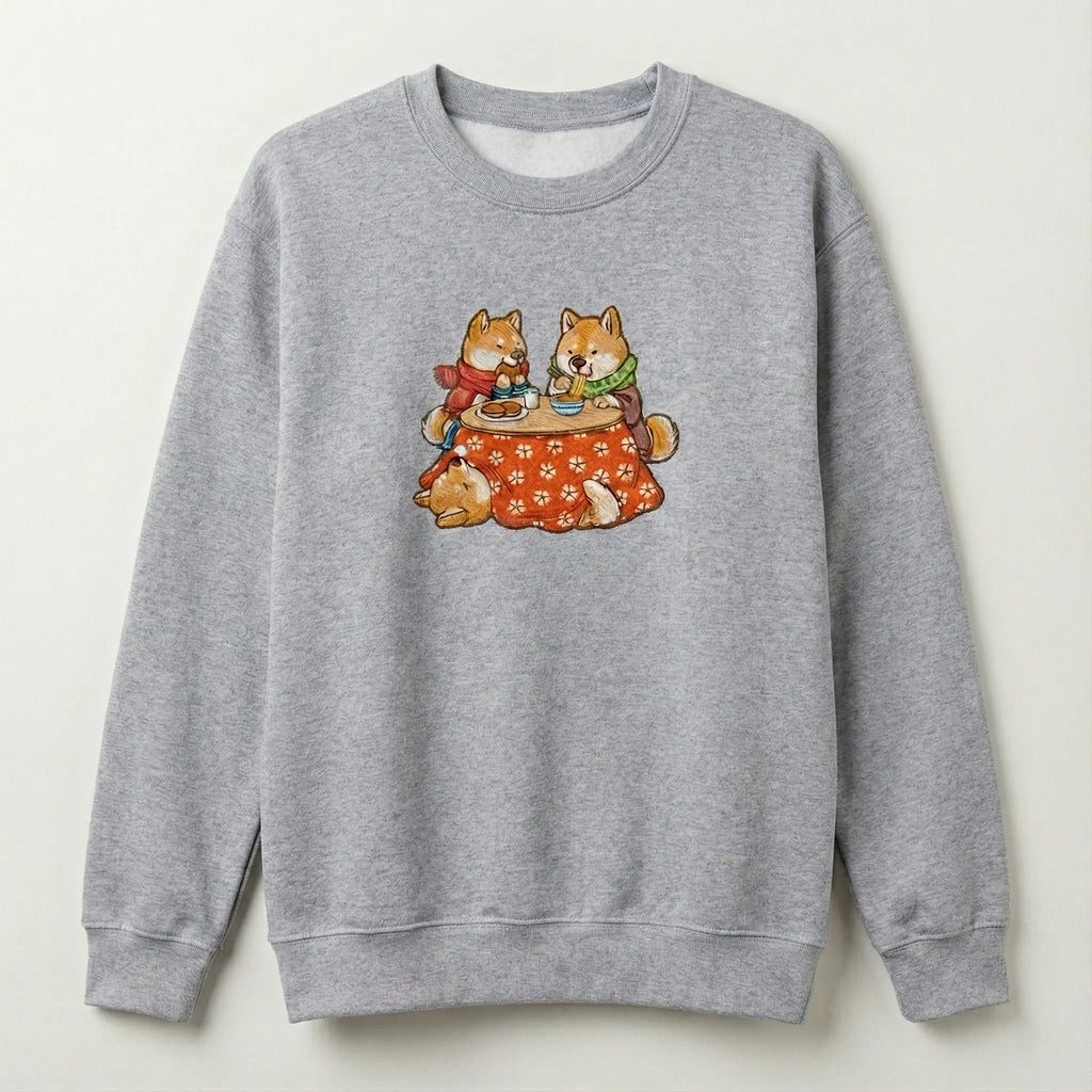 Cute Dog Embroidered Sweatshirt – Cozy Friends Dining Scene, Crewneck Style