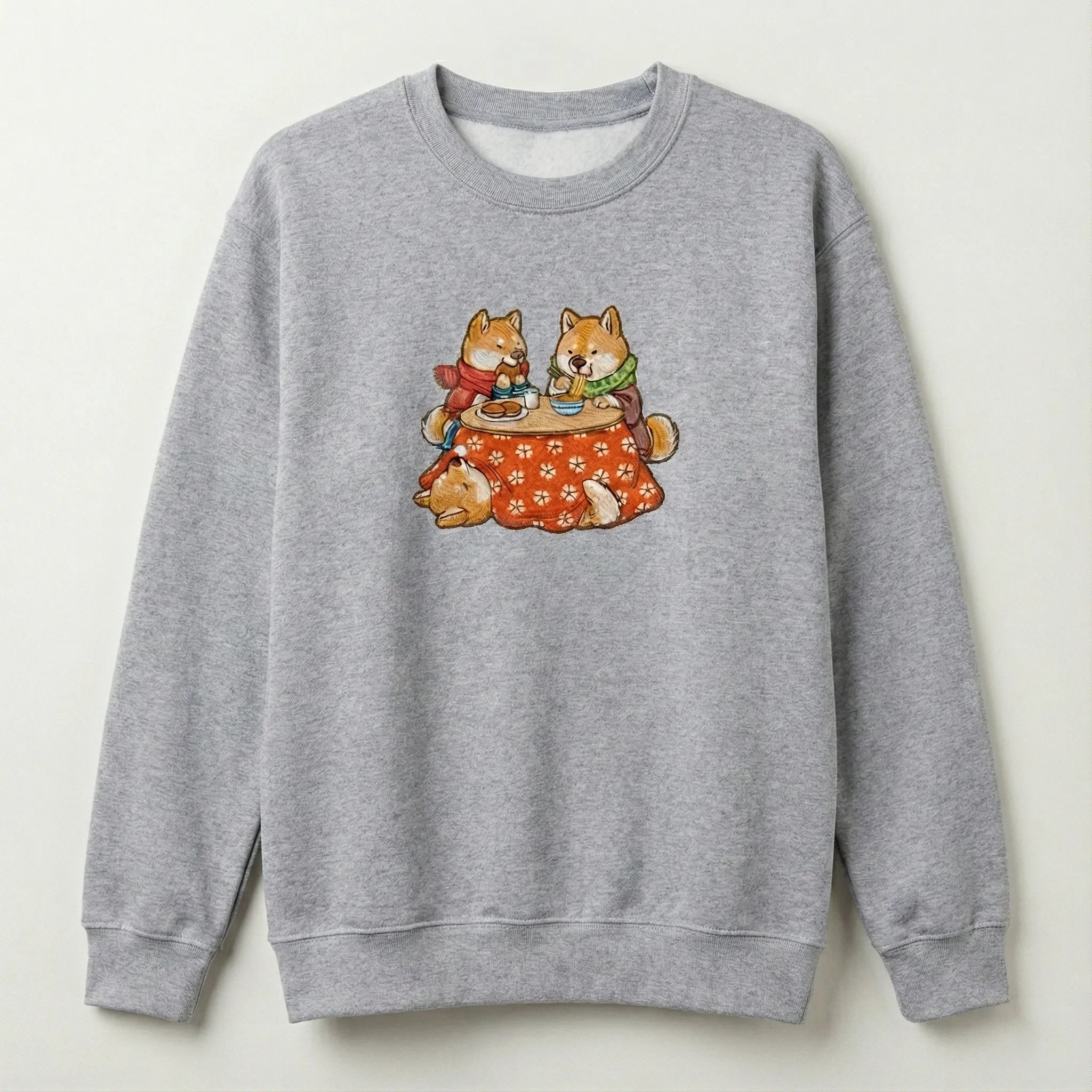 Cute Dog Embroidered Sweatshirt – Cozy Friends Dining Scene, Crewneck Style