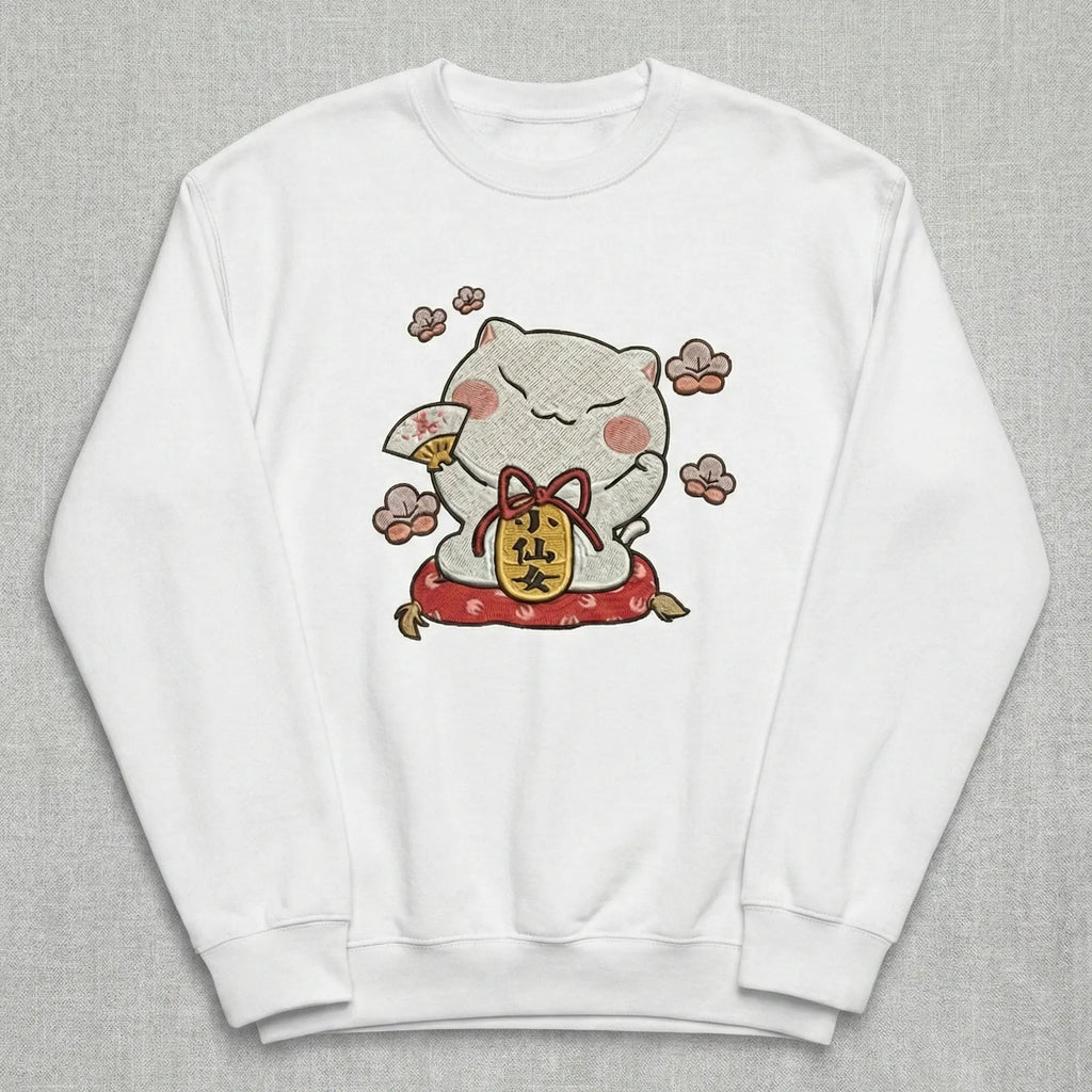 Lucky Cat Embroidered Sweatshirt – Cute Fortune Charm Illustration, Clean White Crewneck