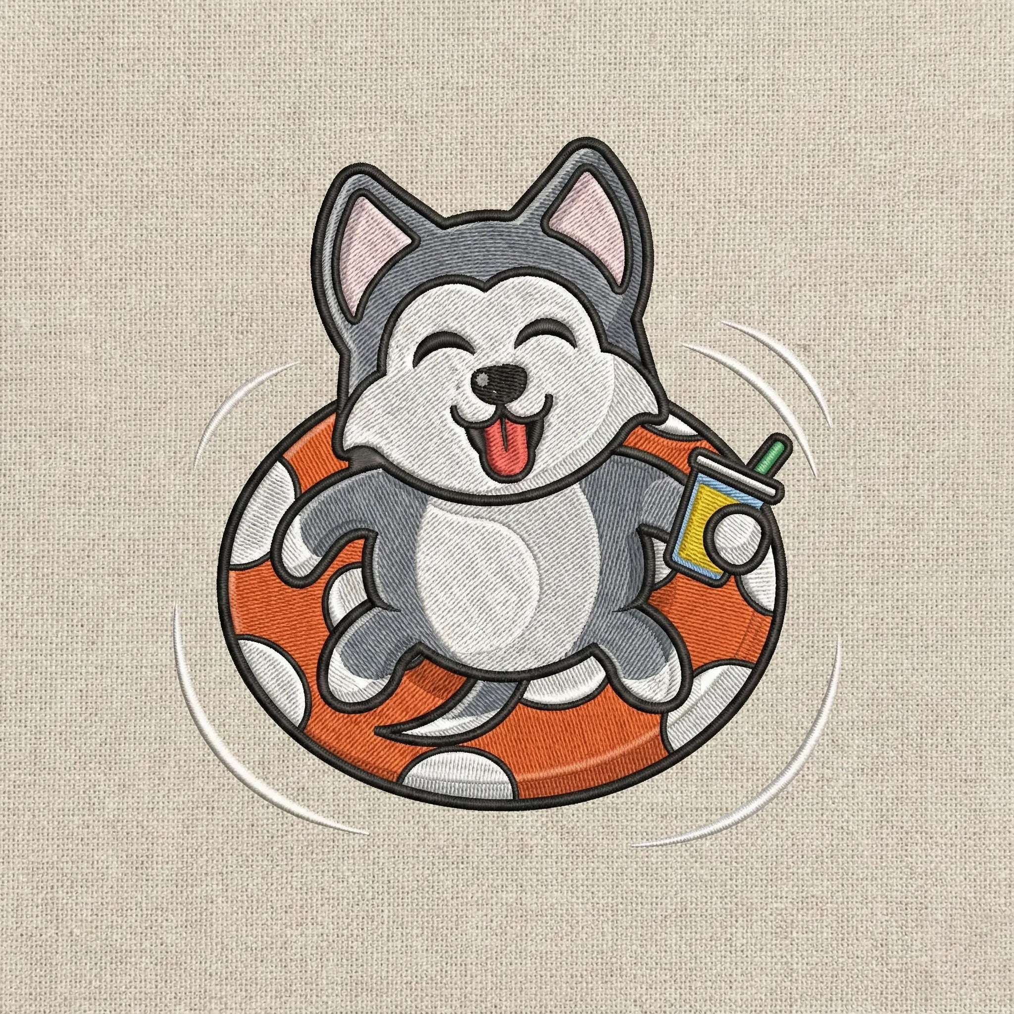 Cute Dog Embroidered Sweatshirt – Playful Puppy Float Scene Illustration, Crewneck Style