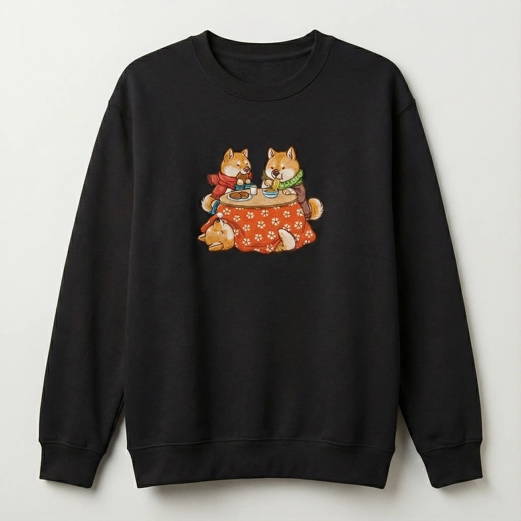 Cute Dog Embroidered Sweatshirt – Cozy Friends Dining Scene, Crewneck Style