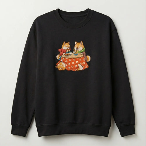 Cute Dog Embroidered Sweatshirt – Cozy Friends Dining Scene, Crewneck Style