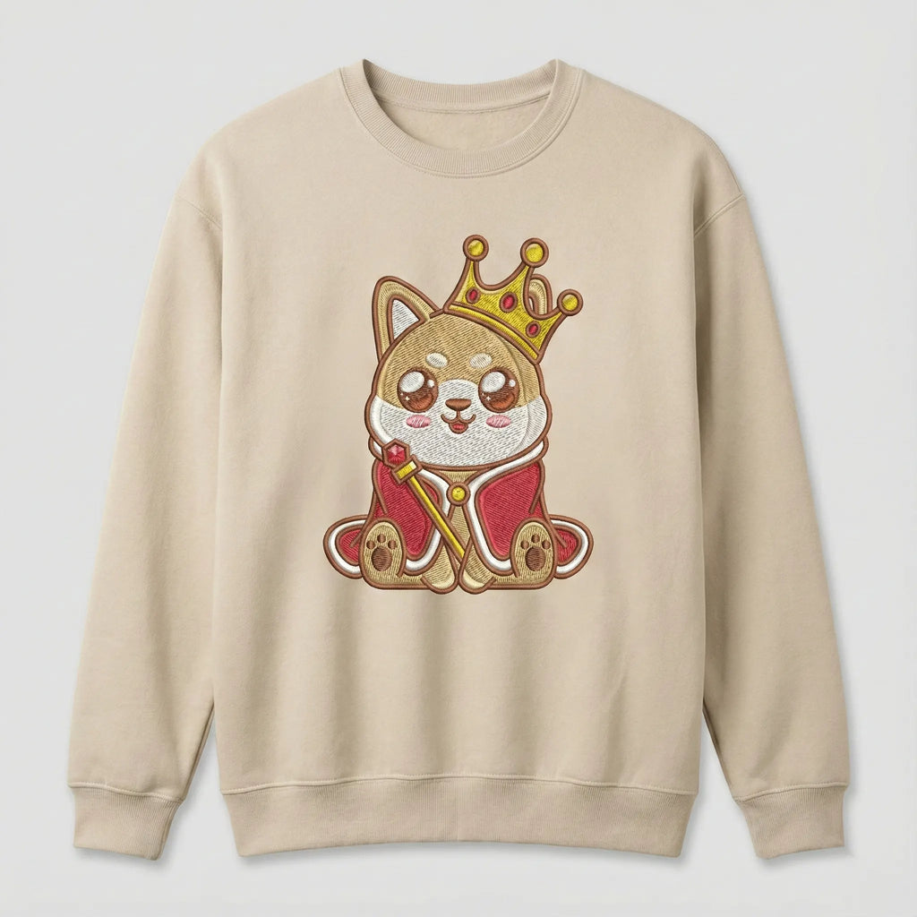 Cute Dog Embroidered Sweatshirt – Royal Puppy Crown Illustration, Crewneck Style