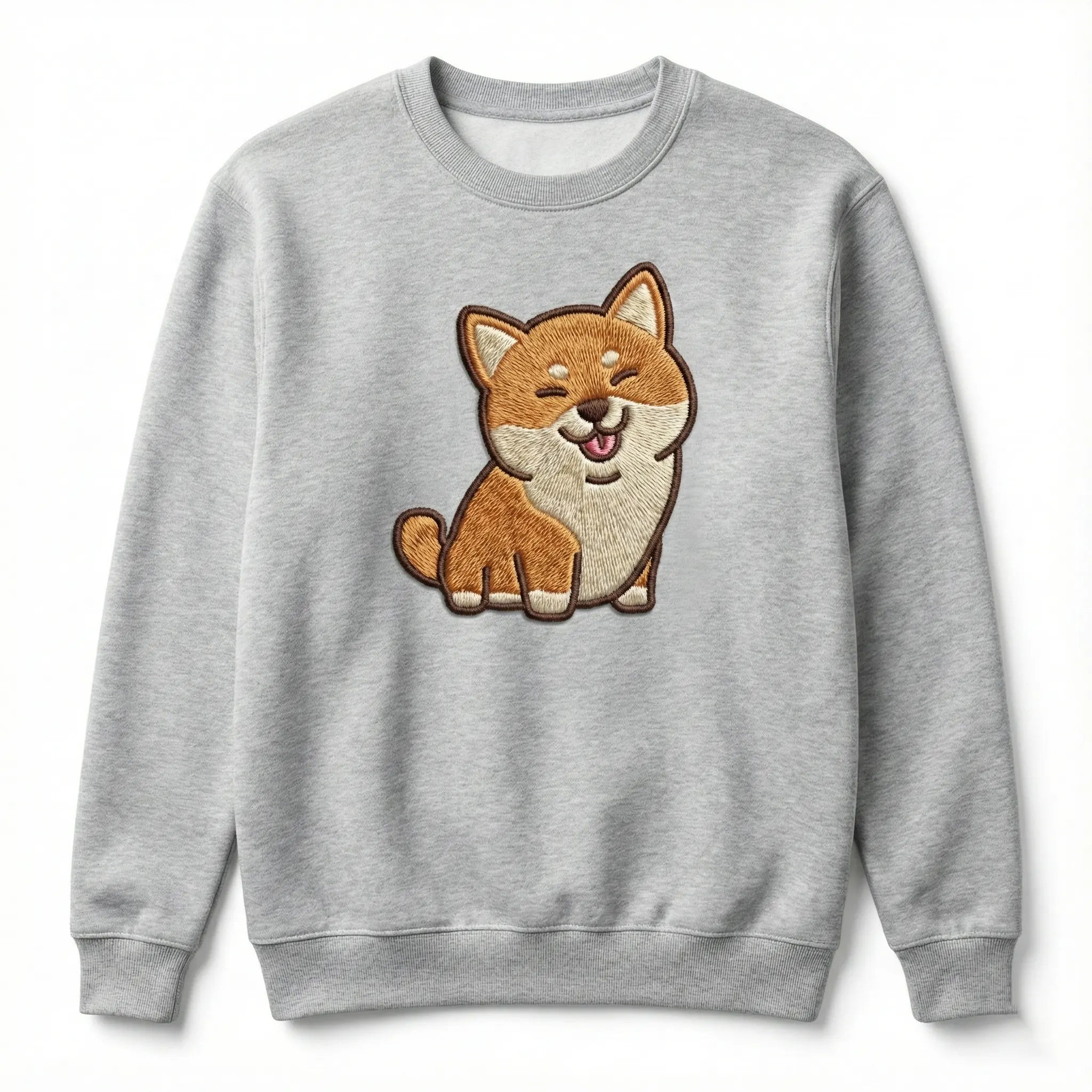 Cute Dog Embroidered Sweatshirt – Smiling Puppy Illustration, Crewneck Style