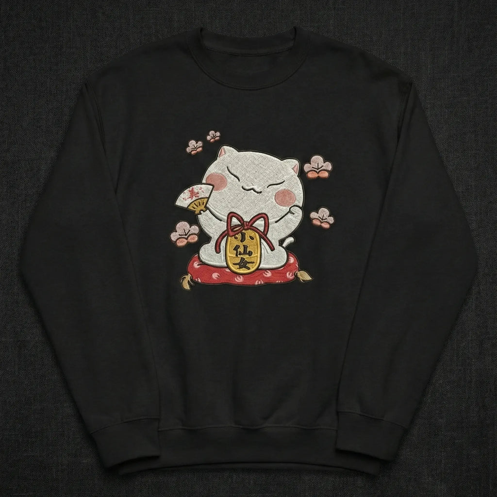 Lucky Cat Embroidered Sweatshirt – Cute Fortune Charm Illustration, Clean White Crewneck