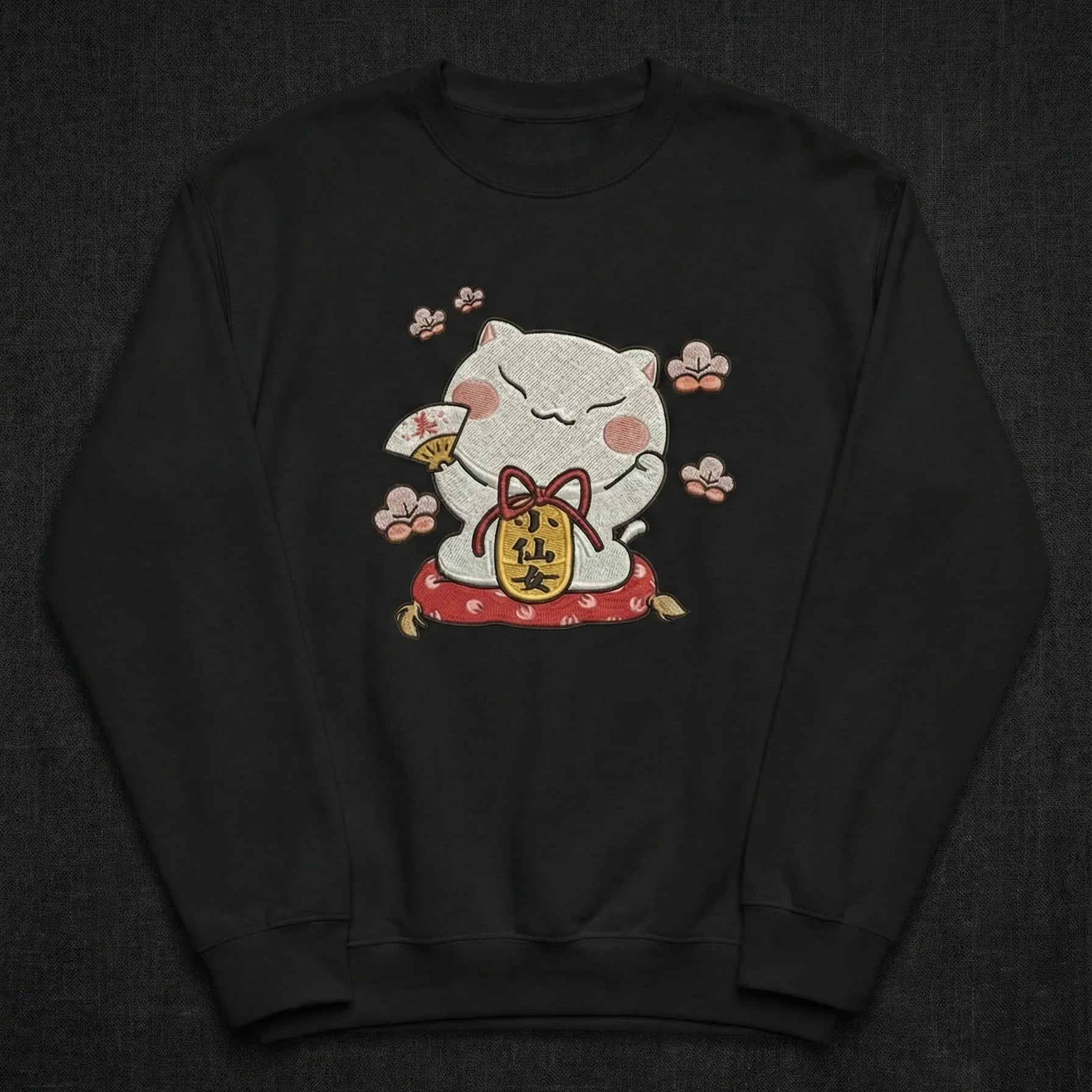 Lucky Cat Embroidered Sweatshirt – Cute Fortune Charm Illustration, Clean White Crewneck