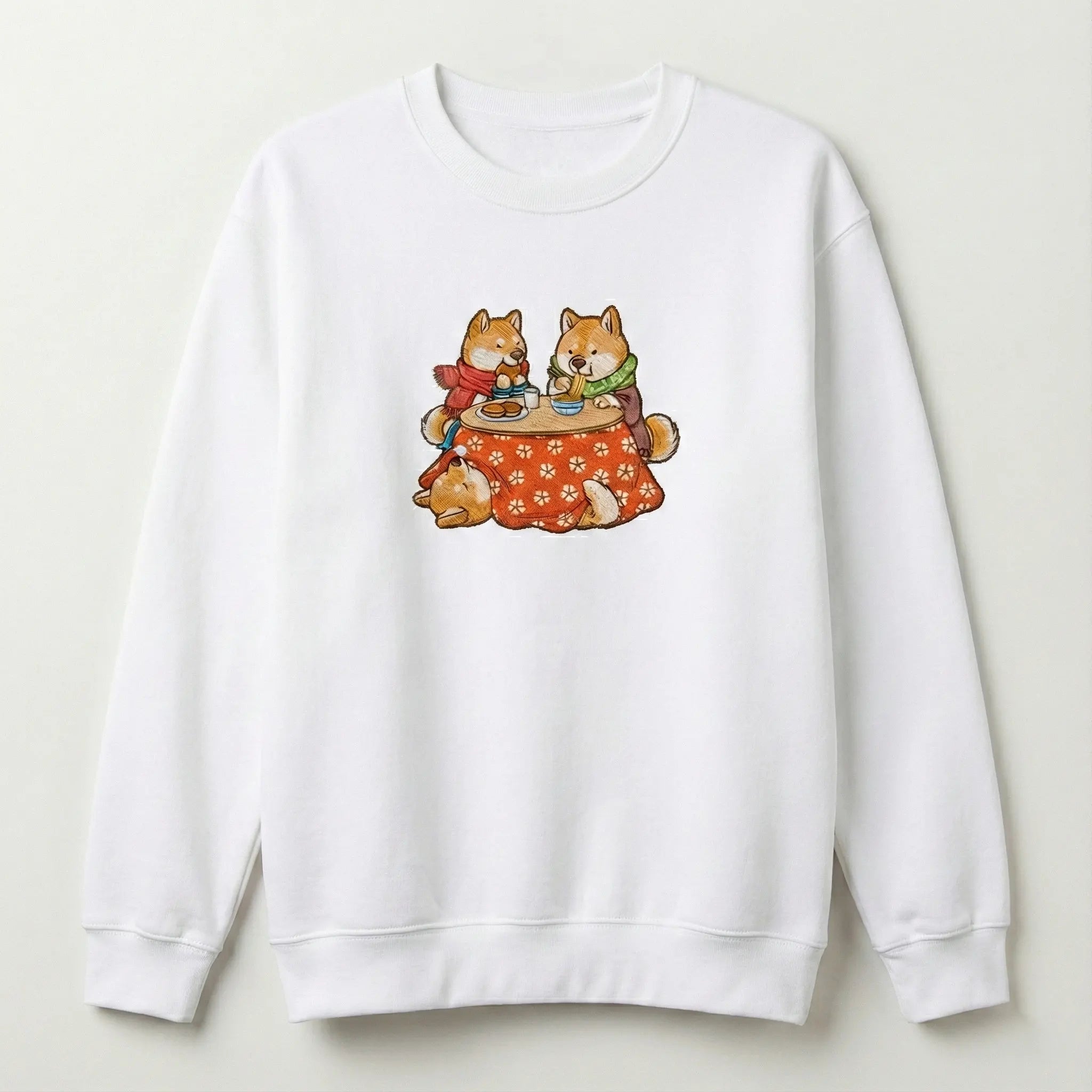 Cute Dog Embroidered Sweatshirt – Cozy Friends Dining Scene, Crewneck Style