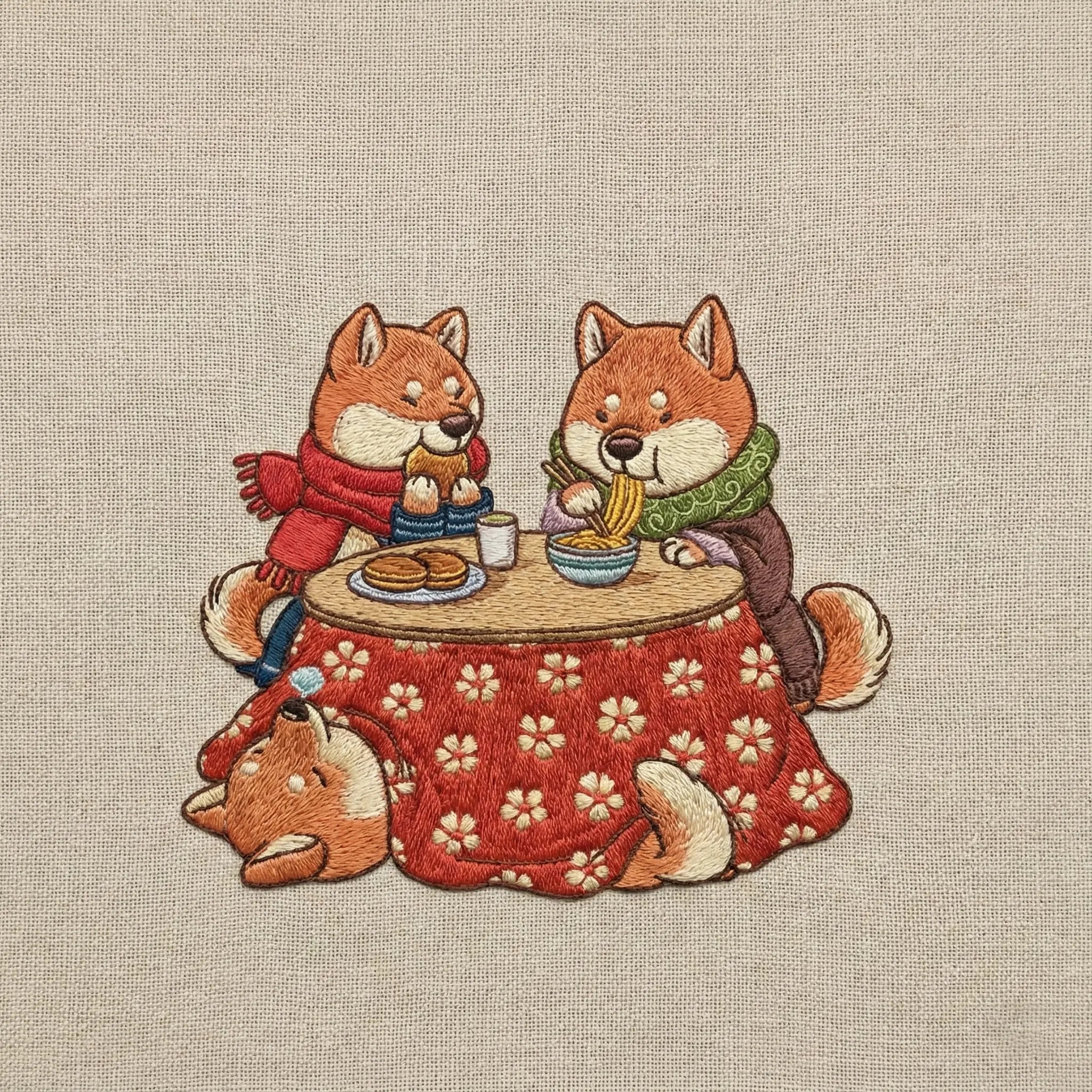 Cute Dog Embroidered Sweatshirt – Cozy Friends Dining Scene, Crewneck Style